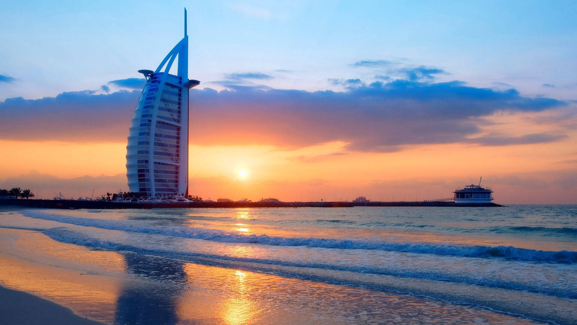 Burj Al Arab, sunset sky, golden waves, Full HD Desktop Wallpaper