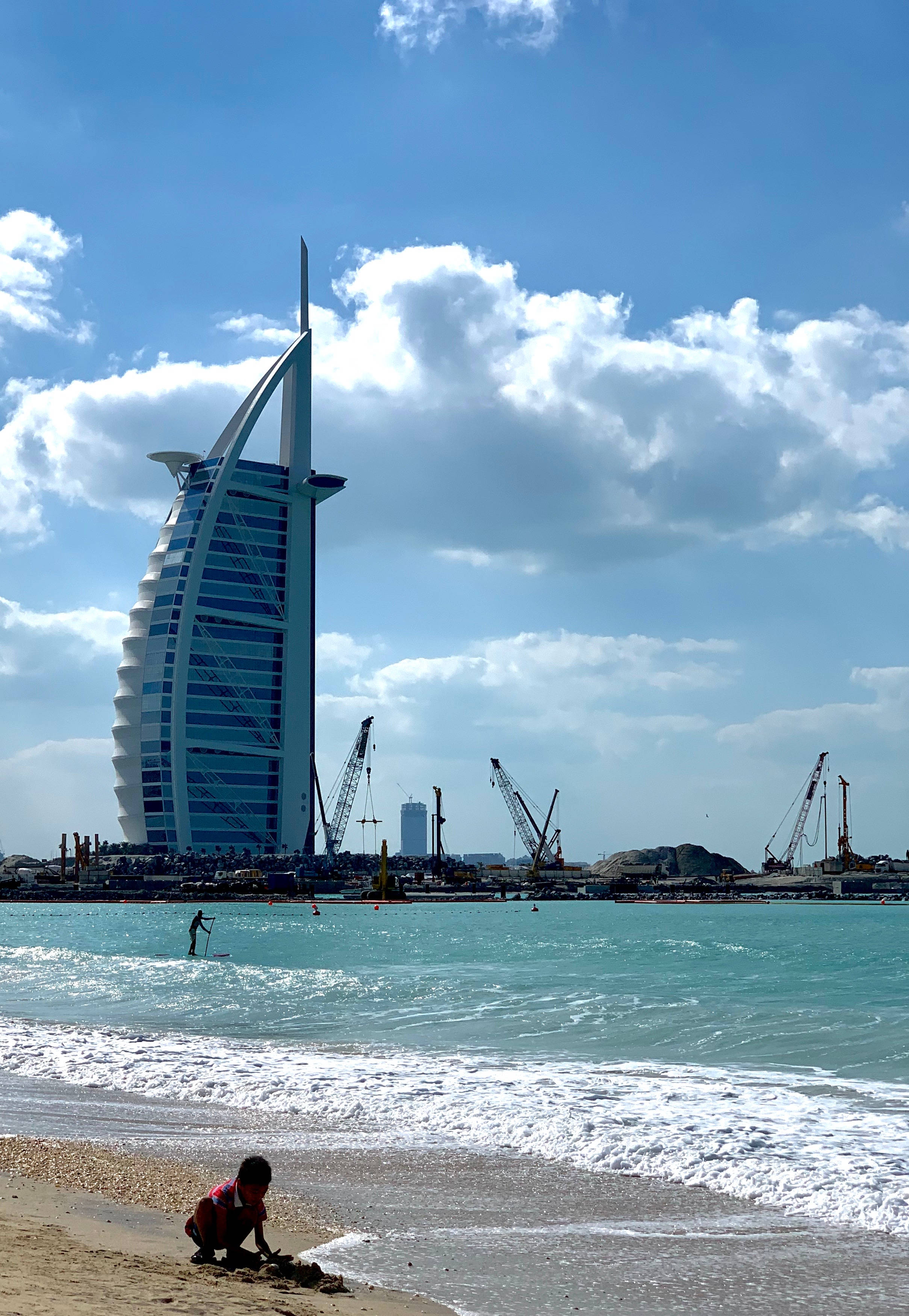 Burj Al Arab, sandy beach, turquoise waves, 2K Phone Wallpaper