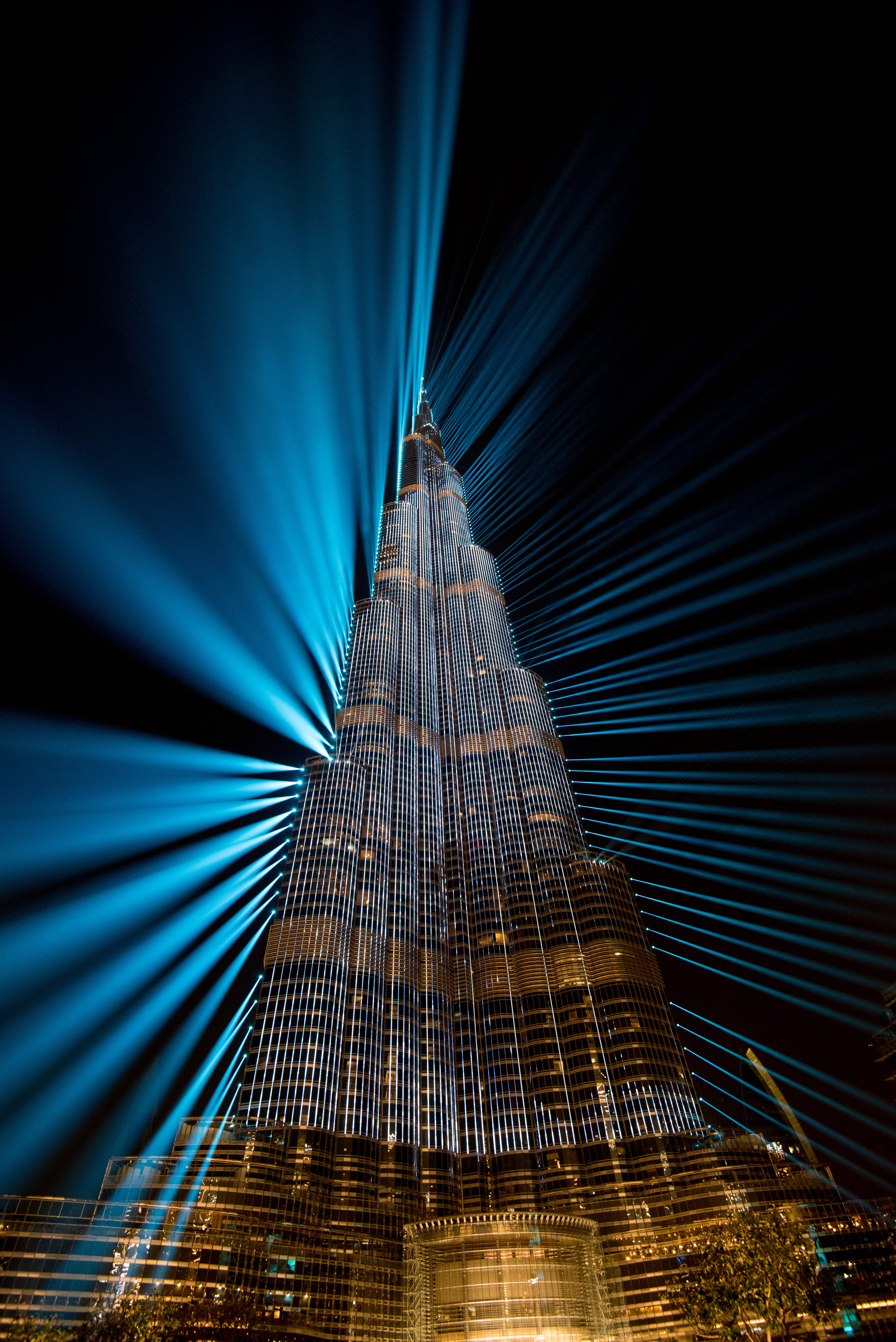 Burj Khalifa, blue light strobes, night, 5K Phone Wallpaper