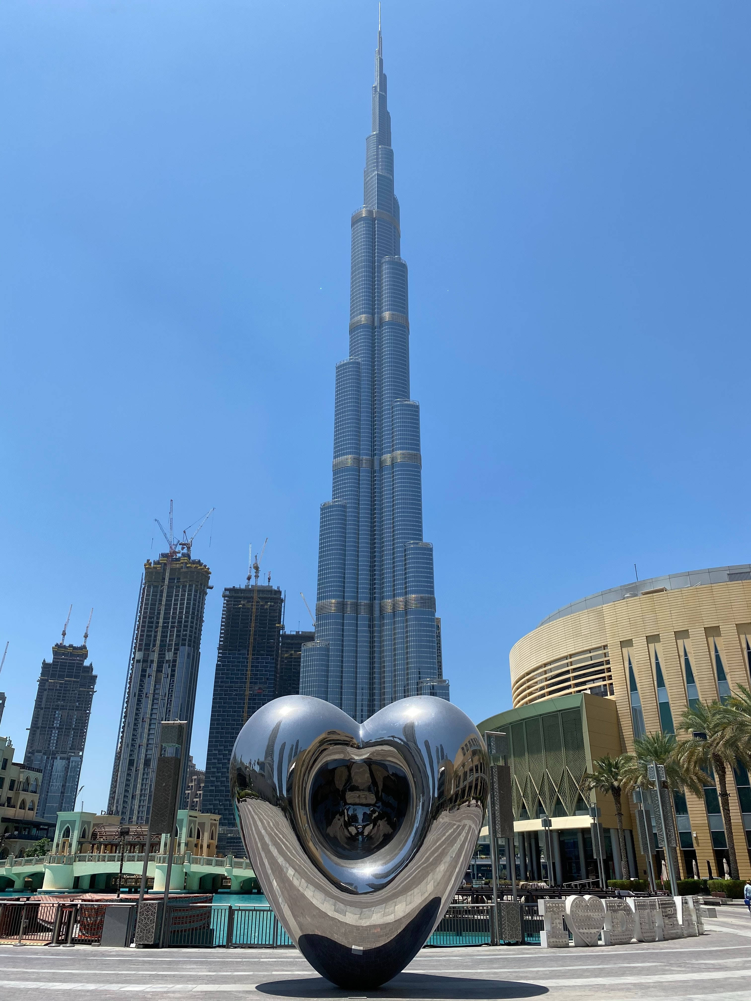 Burj Khalifa, silver heart sculpture, evening sky, 4K Phone Wallpaper