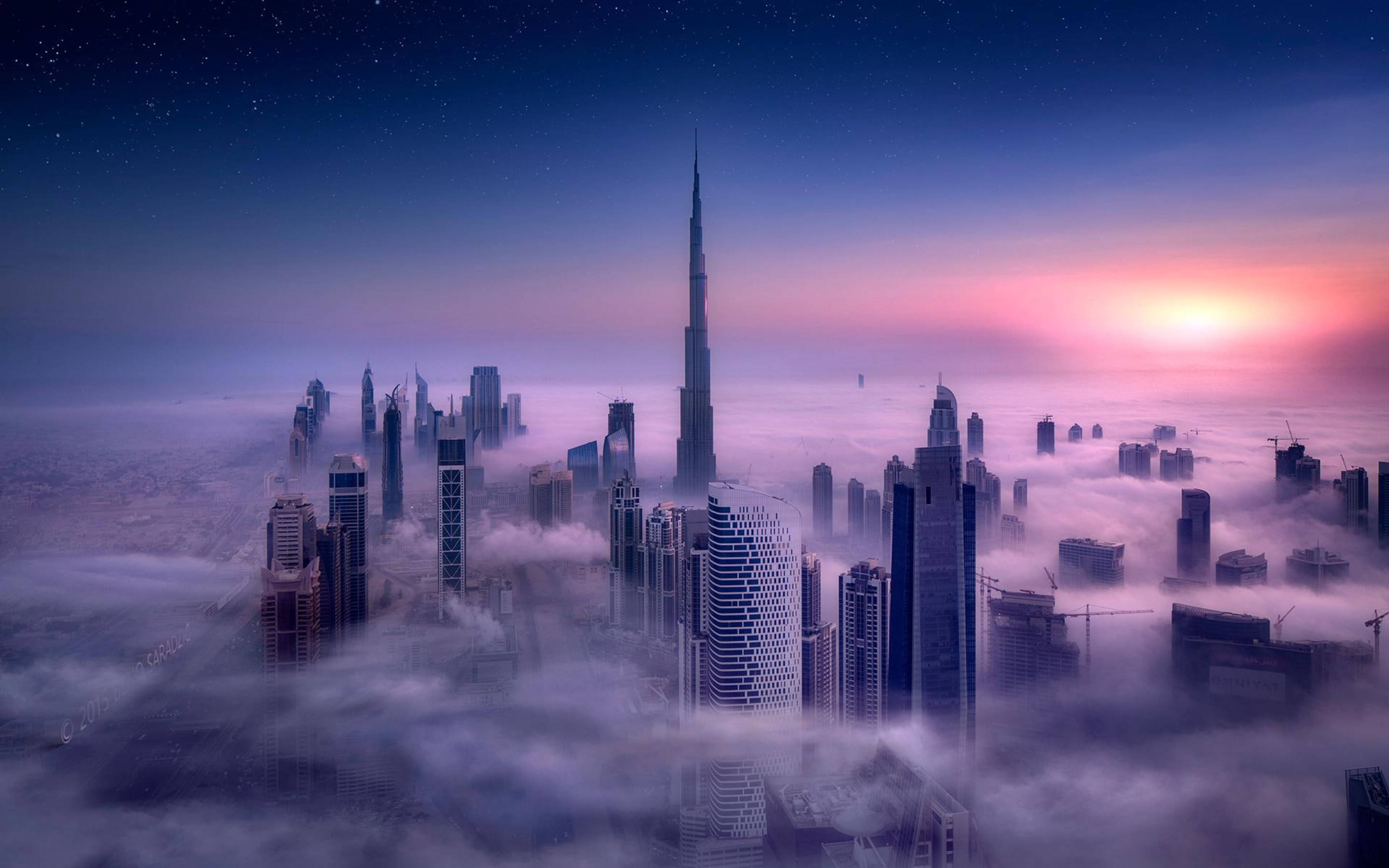Burj Khalifa, bird's eye view, dawn, 2K Desktop Wallpaper