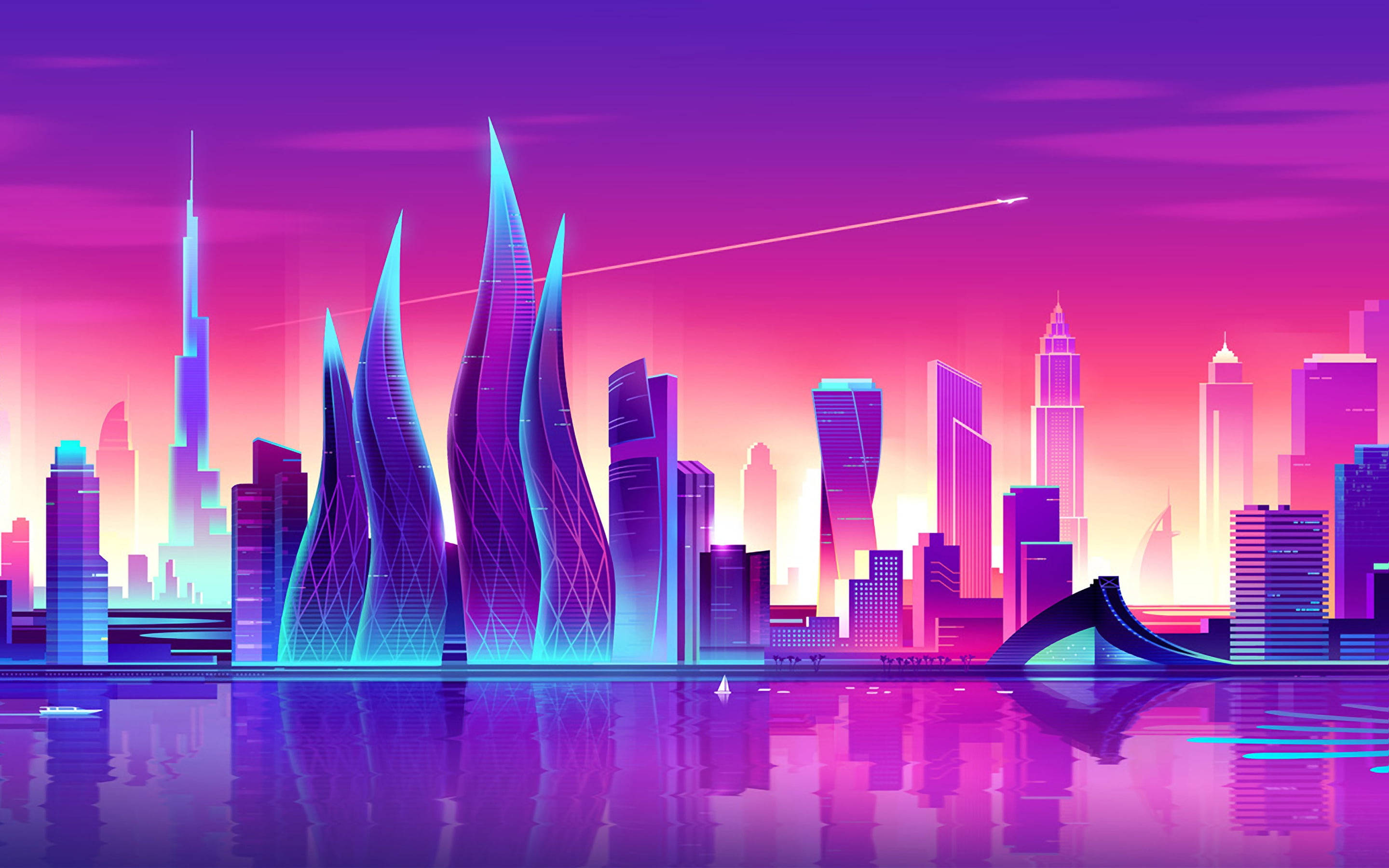 Burj Khalifa, sunset, neon purple, 2K Desktop Wallpaper