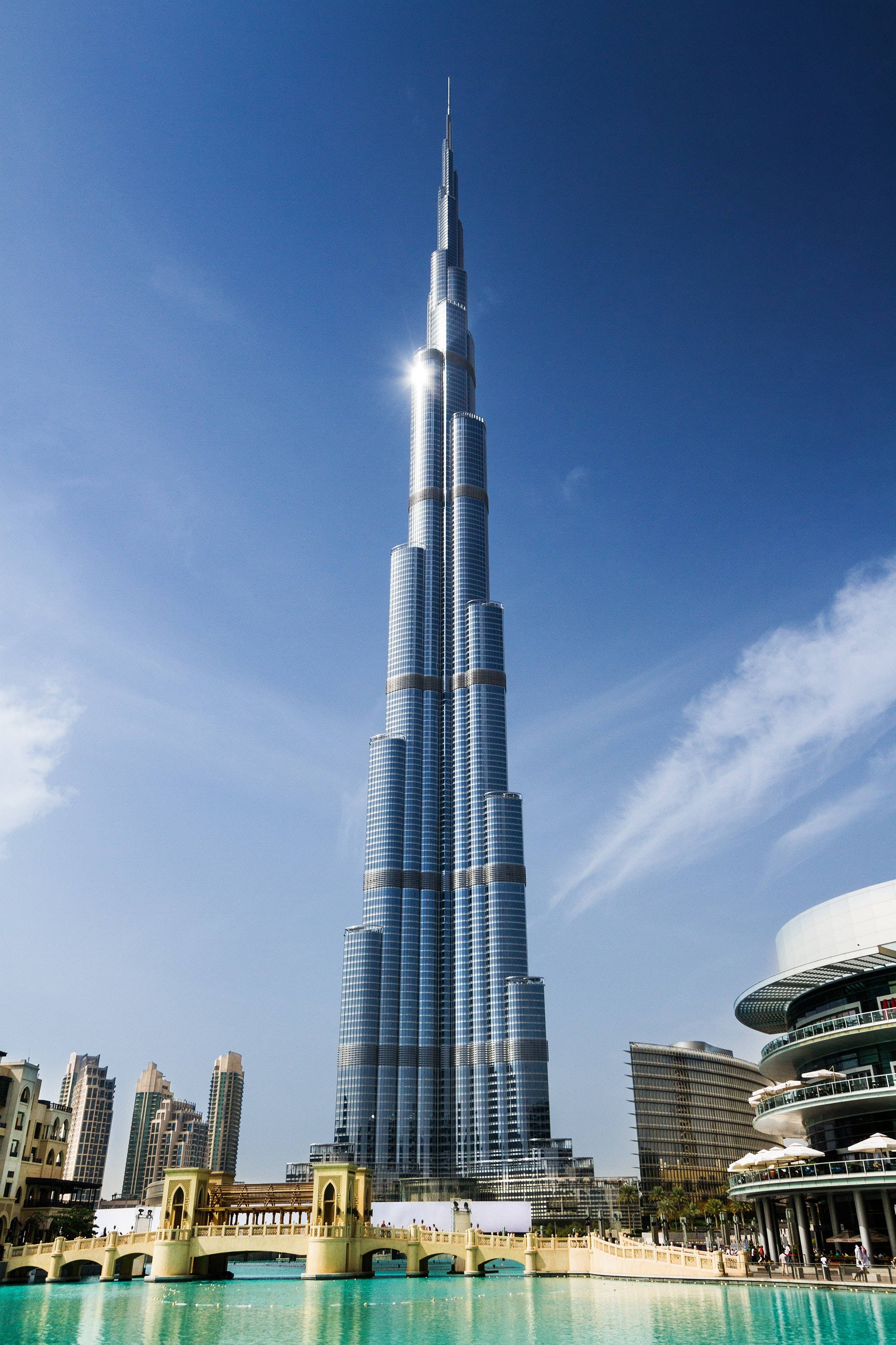 Burj Khalifa, clear blue sky, sunlight, 2K Phone Wallpaper