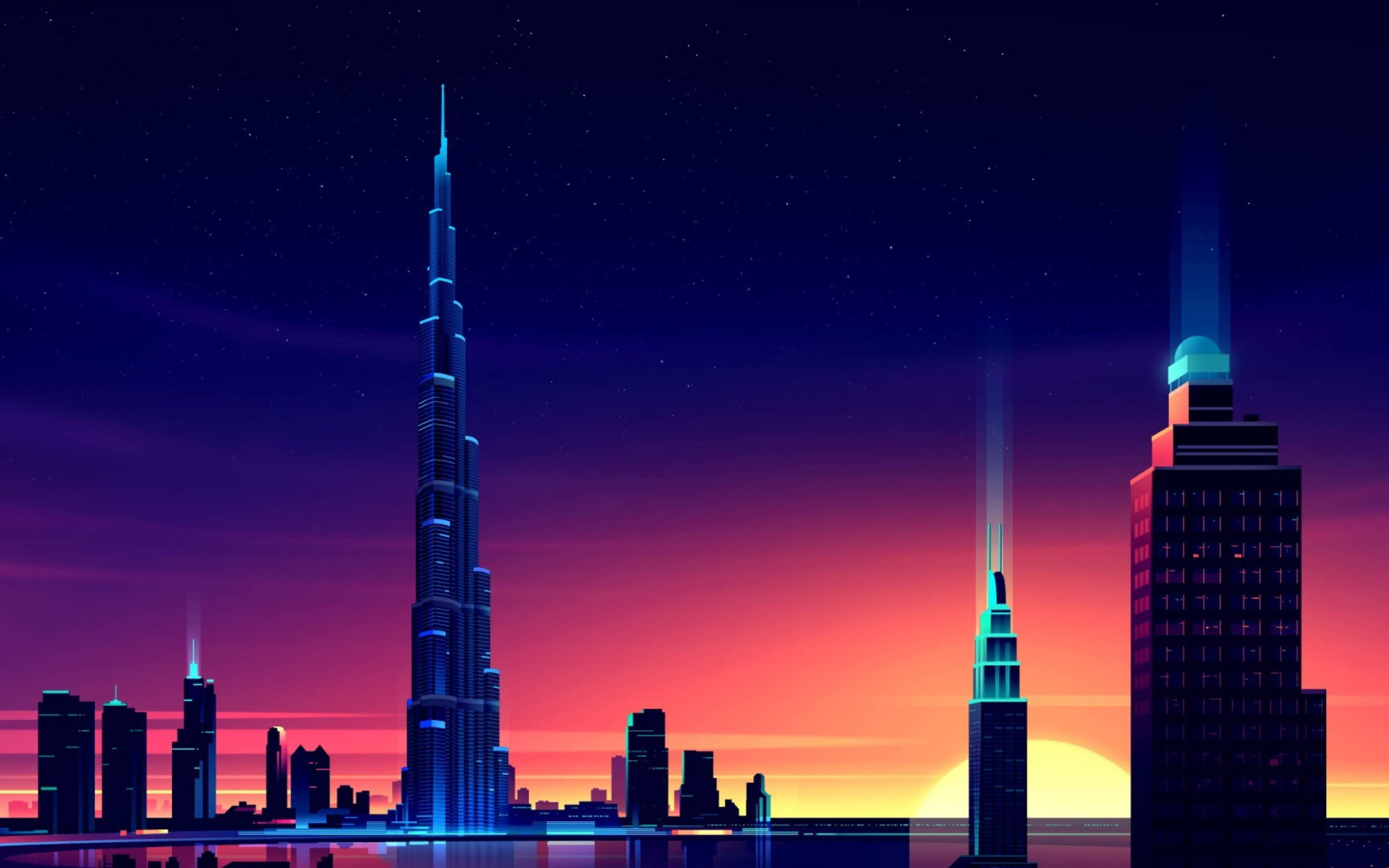 Burj Khalifa, neon-lit futuristic cityscape, sunset, 2K Desktop Wallpaper