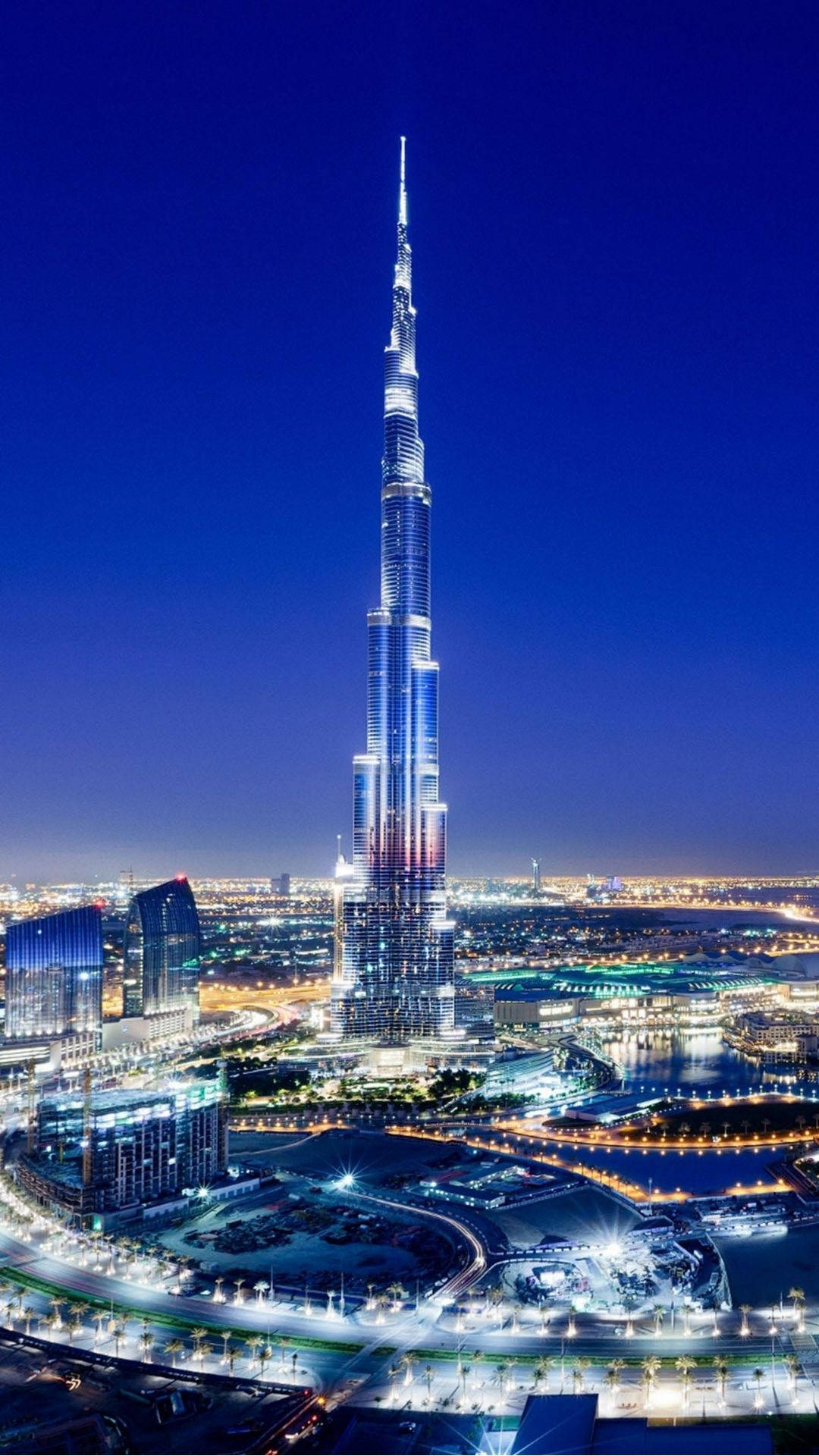 Burj Khalifa, dazzling blue and white lights, deep indigo sky, Full HD Phone Wallpaper