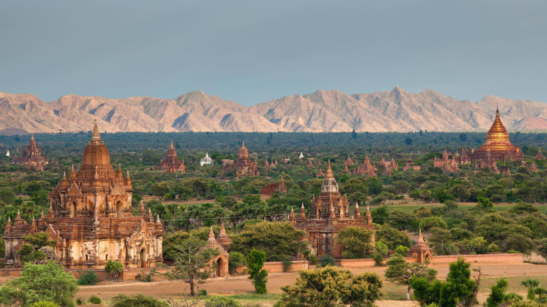Burma, mountain range, golden pagodas, Full HD Desktop Wallpaper