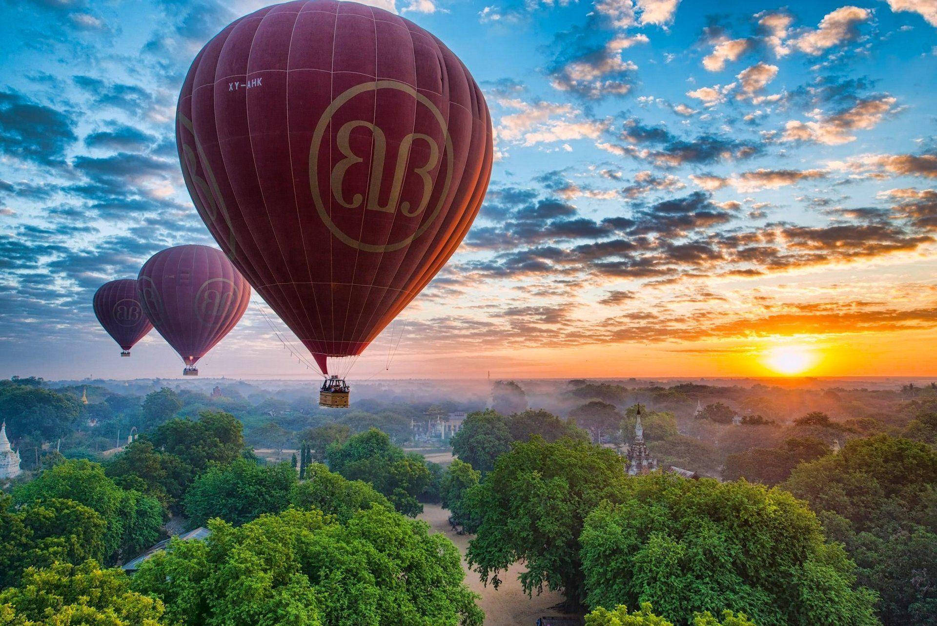 red hot air balloon, Burma, maroon hot air balloons, Full HD Desktop Wallpaper