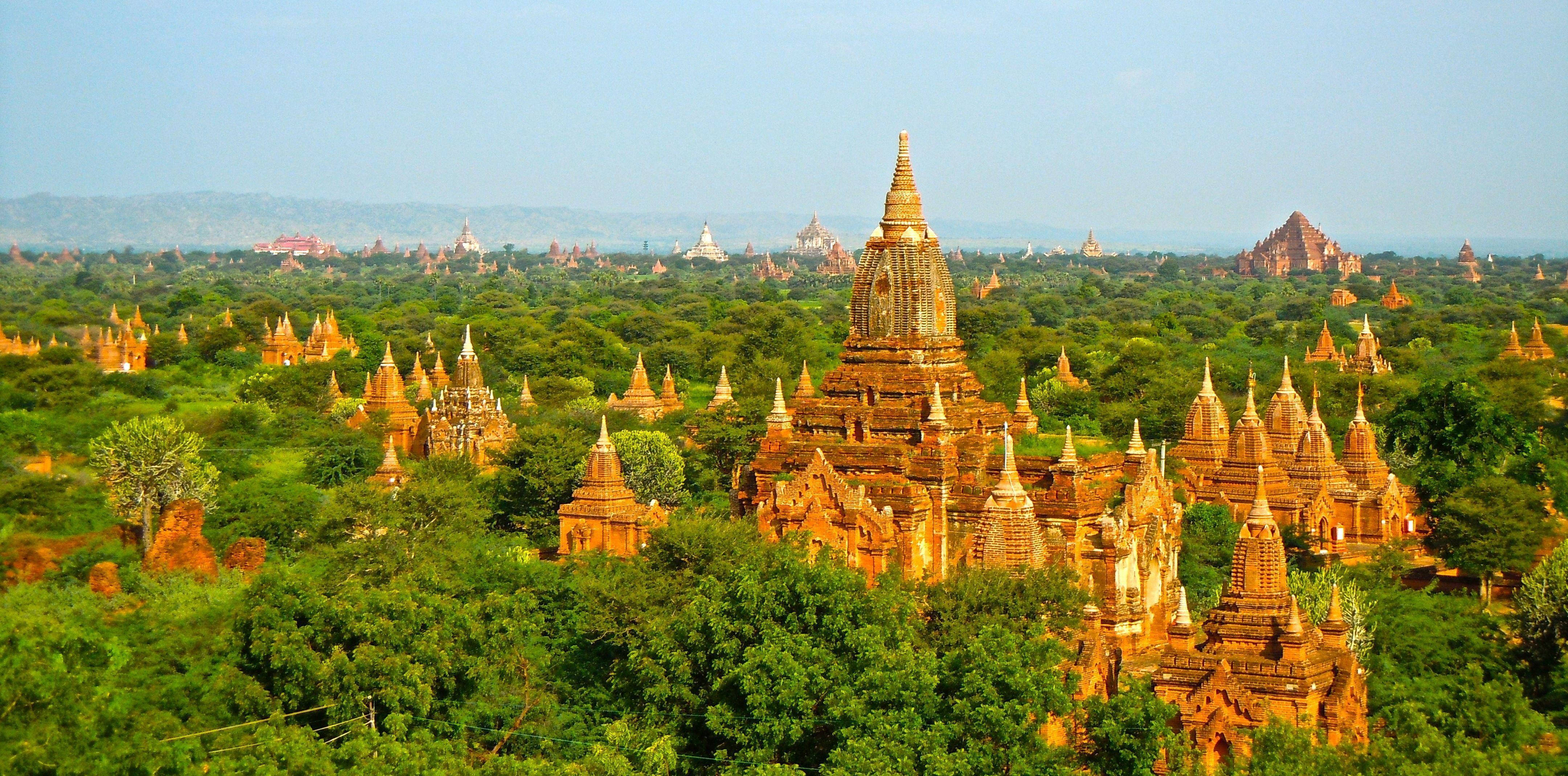 Burma, golden pagodas, lush green forests, 4K Desktop Wallpaper