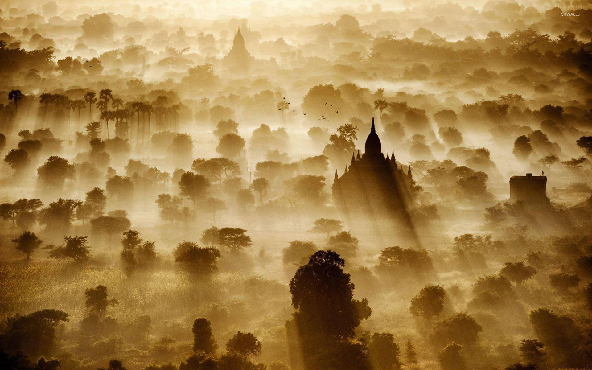 Foggy Morning In Burma, golden morning light, mist, Full HD Desktop Wallpaper