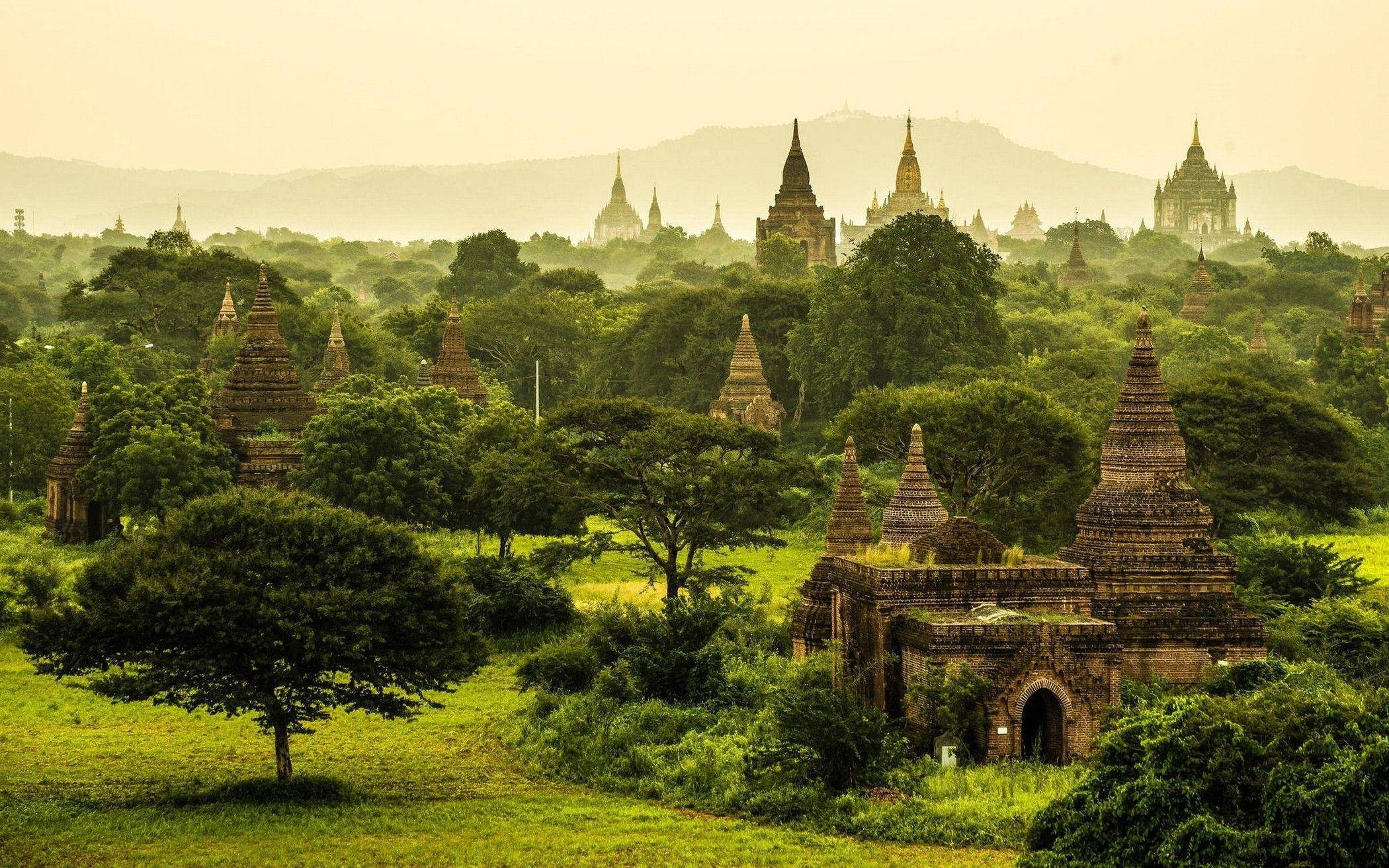 Burma, green trees, ancient stone pagodas, Full HD Desktop Wallpaper