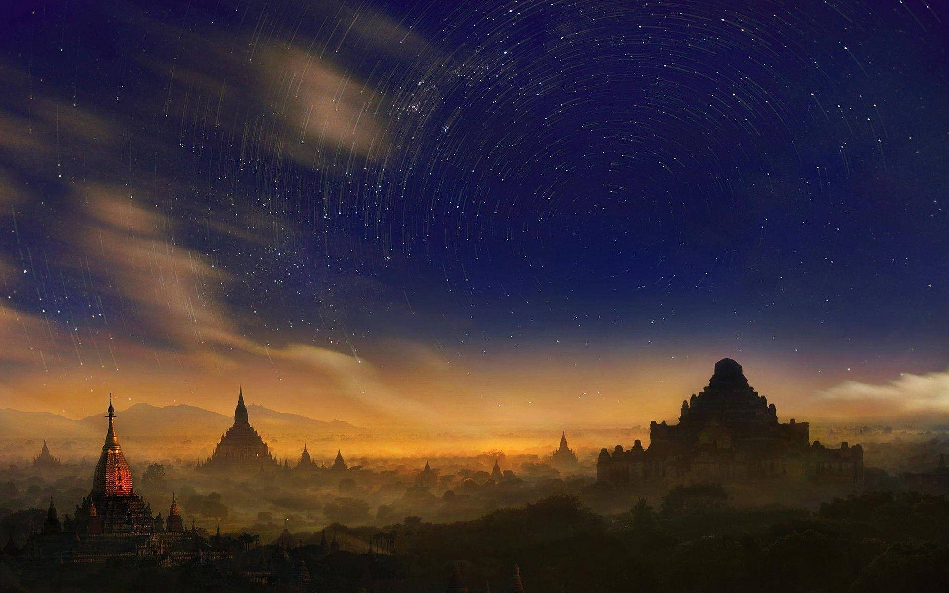 Burma, starry night sky, ancient pagodas, Full HD Desktop Wallpaper
