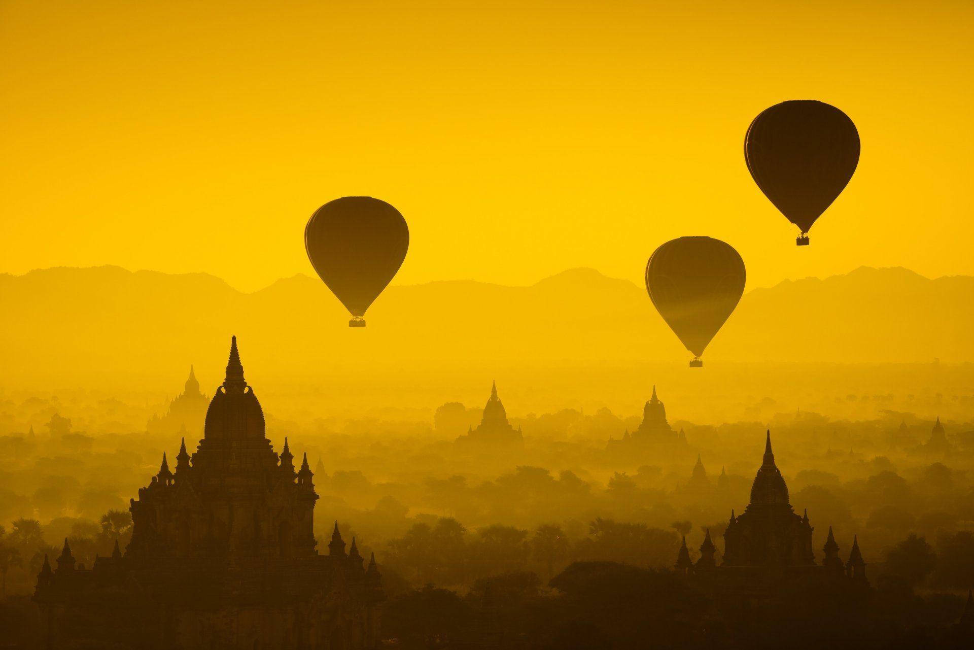 Burma, yellow sky balloons, ancient temple silhouettes, Full HD Desktop Wallpaper