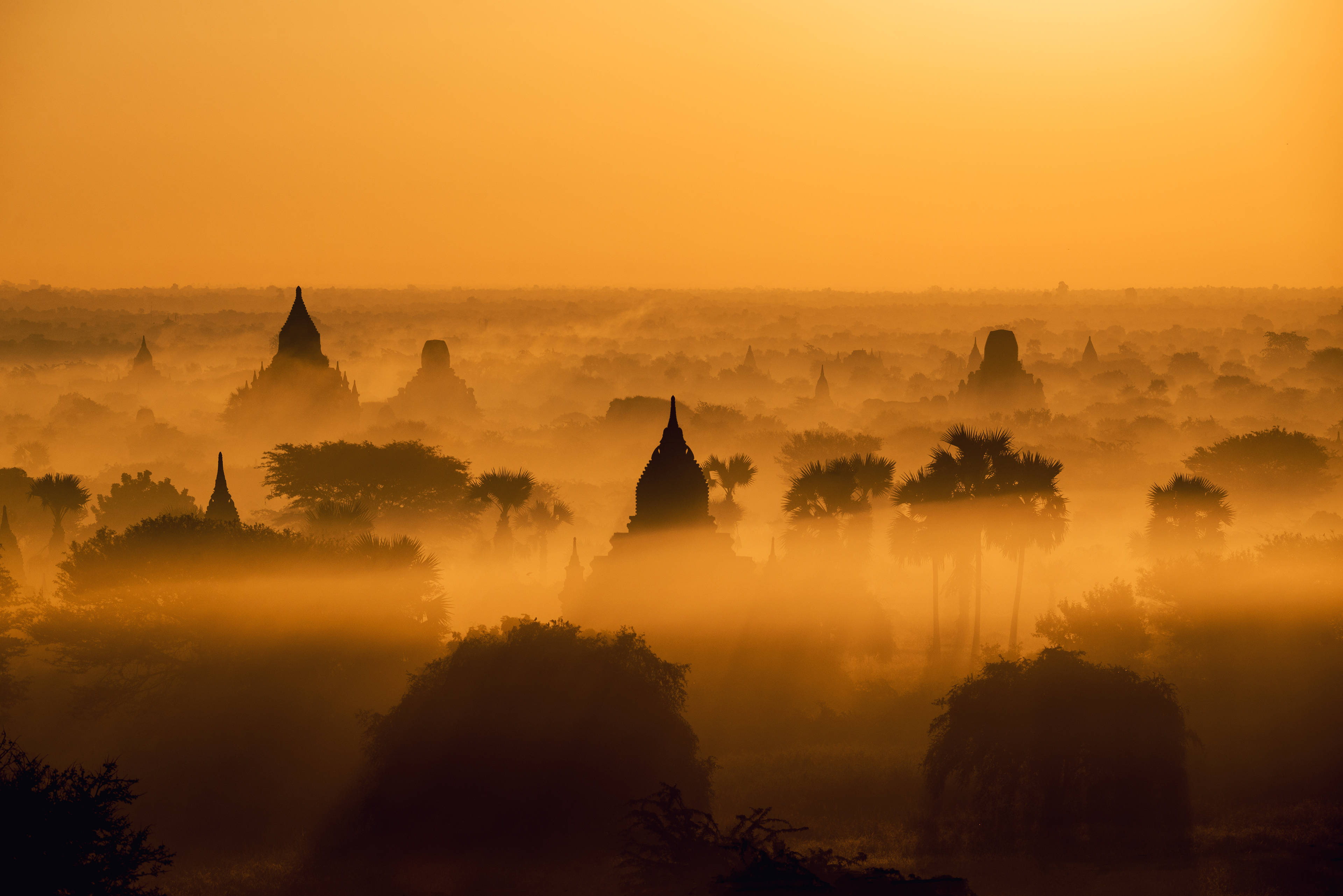 Burma, pagoda spires, sunrise, 4K Desktop Wallpaper
