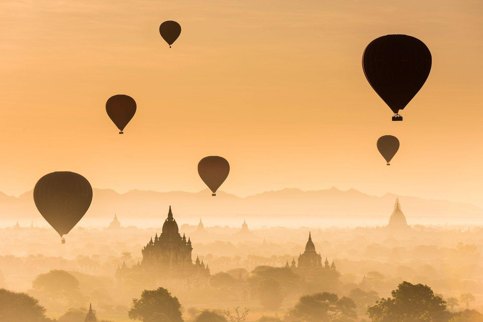 Modern Burma, hot air balloons, ancient pagodas, Full HD Desktop Wallpaper