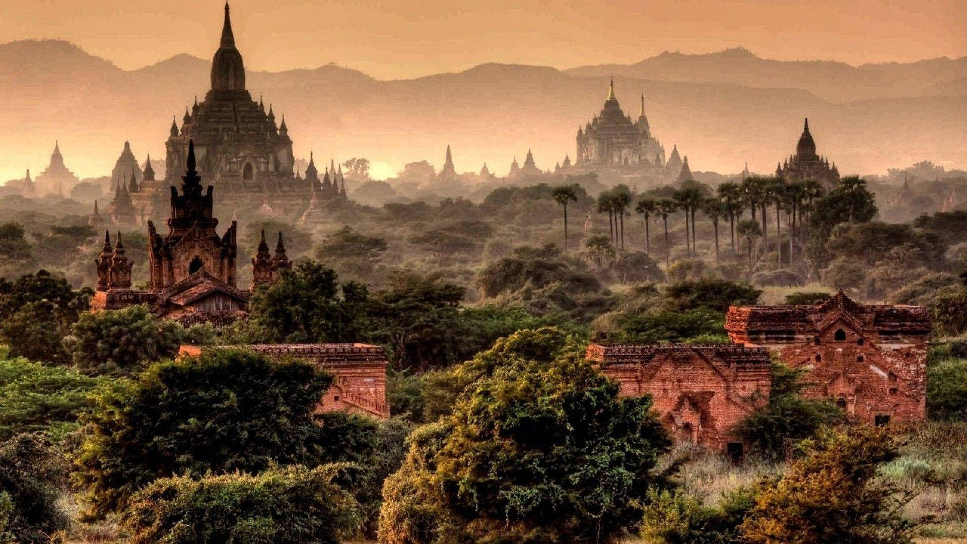 Burma, stone pagodas, misty jungle hills, Full HD Desktop Wallpaper