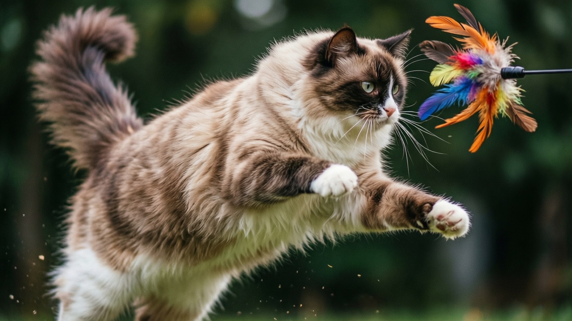 Burmilla, feather toy, jumping, Full HD Desktop Wallpaper