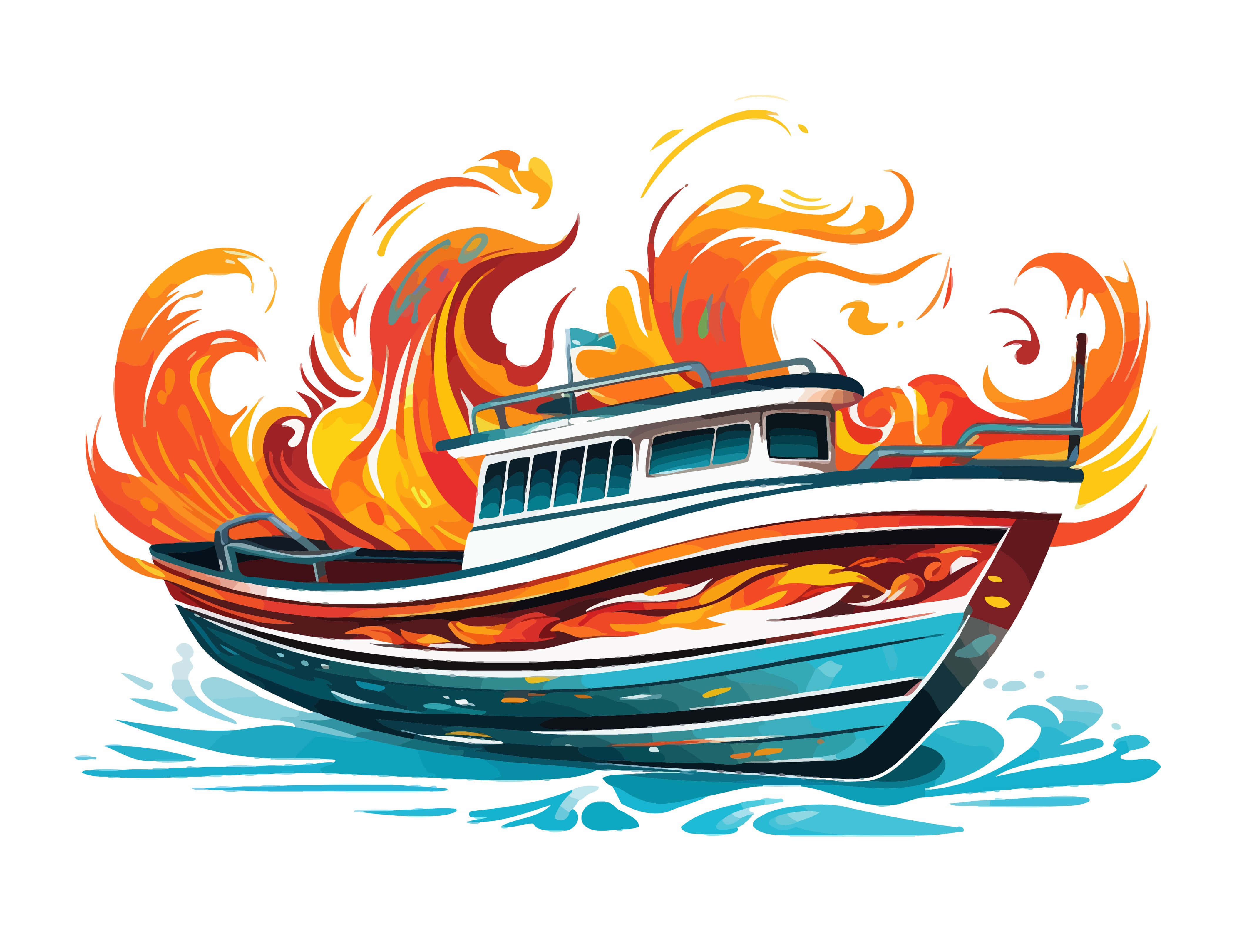 fiery boat, speedboat, blue waves, 4K Desktop Wallpaper