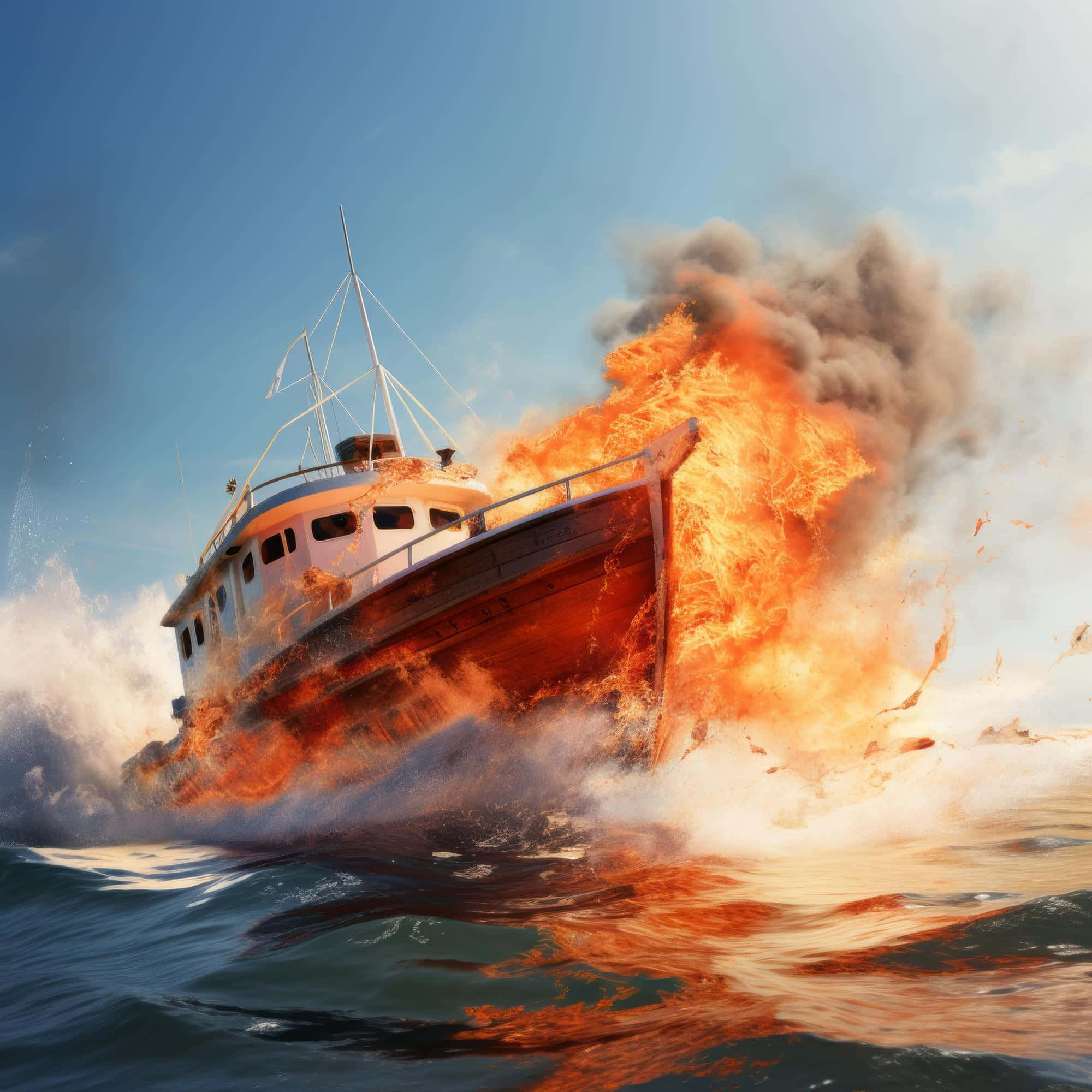 burning boat, wooden boat, roaring flames, Full HD Desktop Wallpaper
