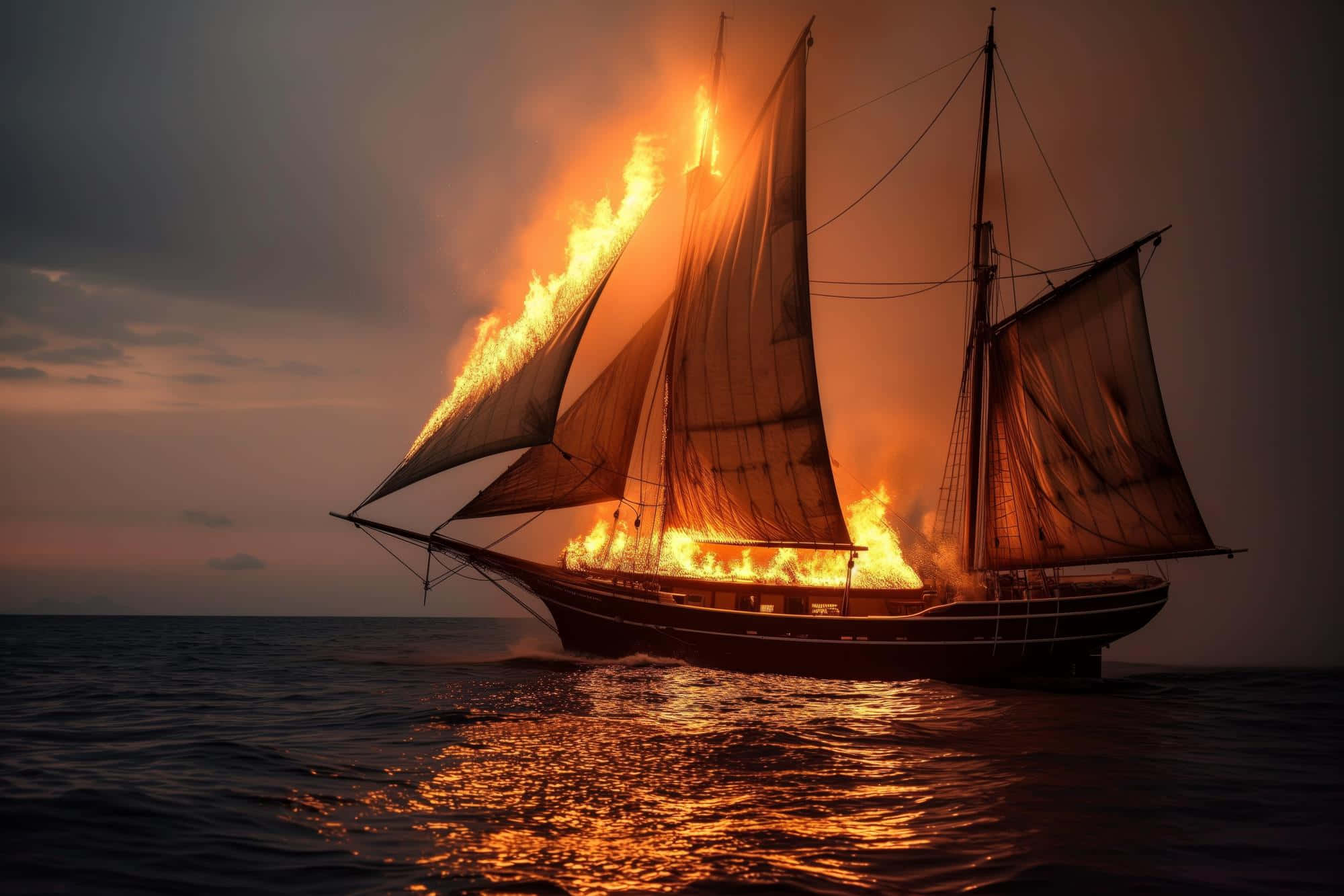 sailing ship, burning, ocean, Full HD Desktop Wallpaper