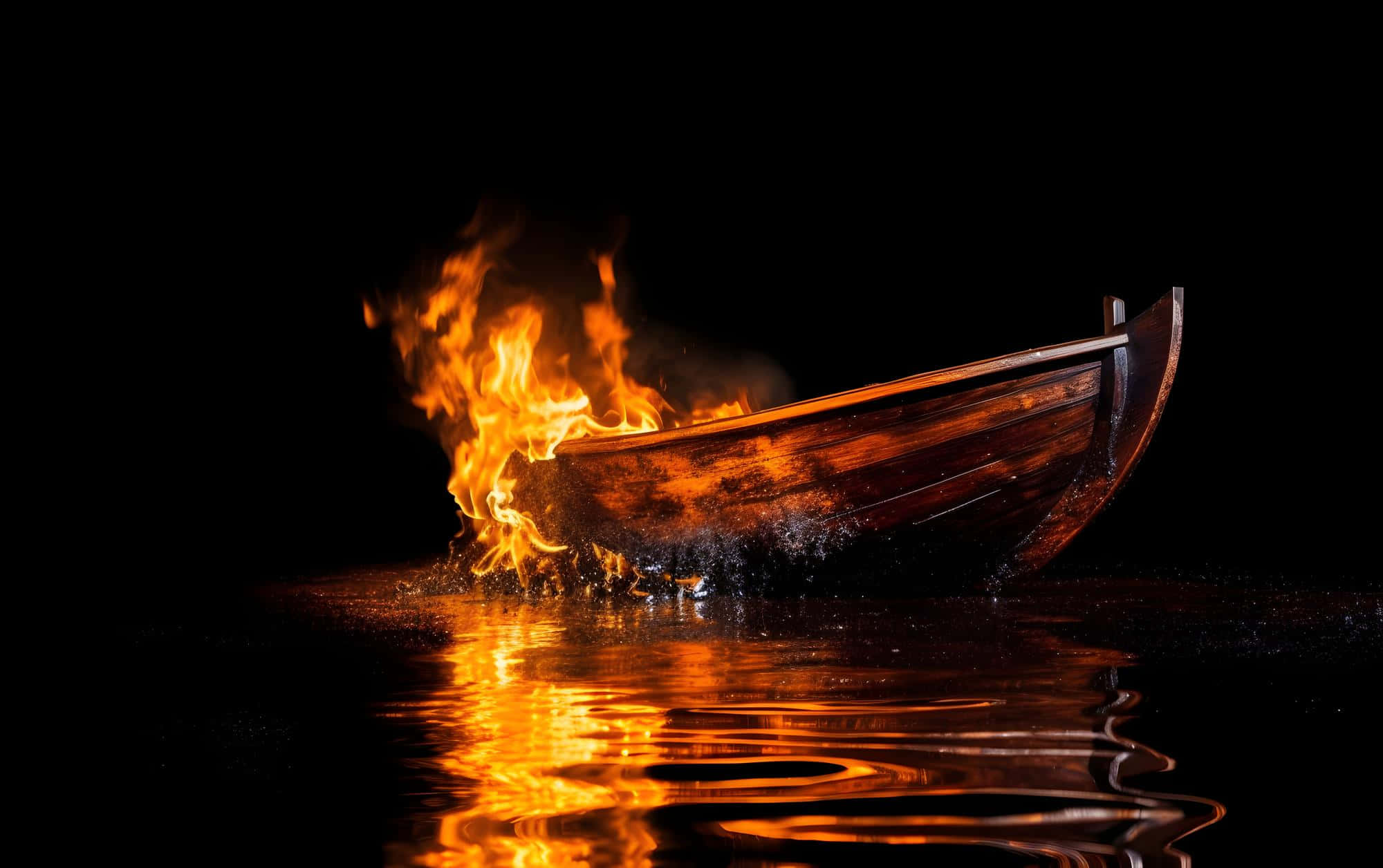 burning boat, wooden boat, dark water, Full HD Desktop Wallpaper