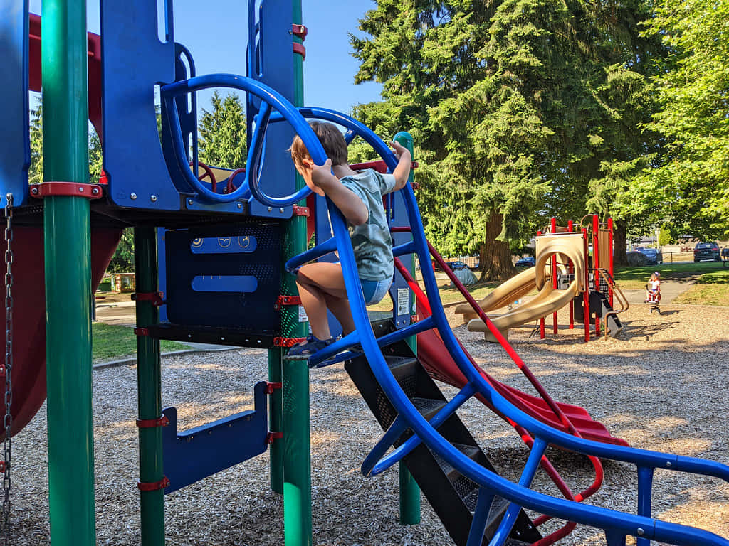 Burnaby, vibrant blue playground structure, bright summer sun, SD Desktop Wallpaper