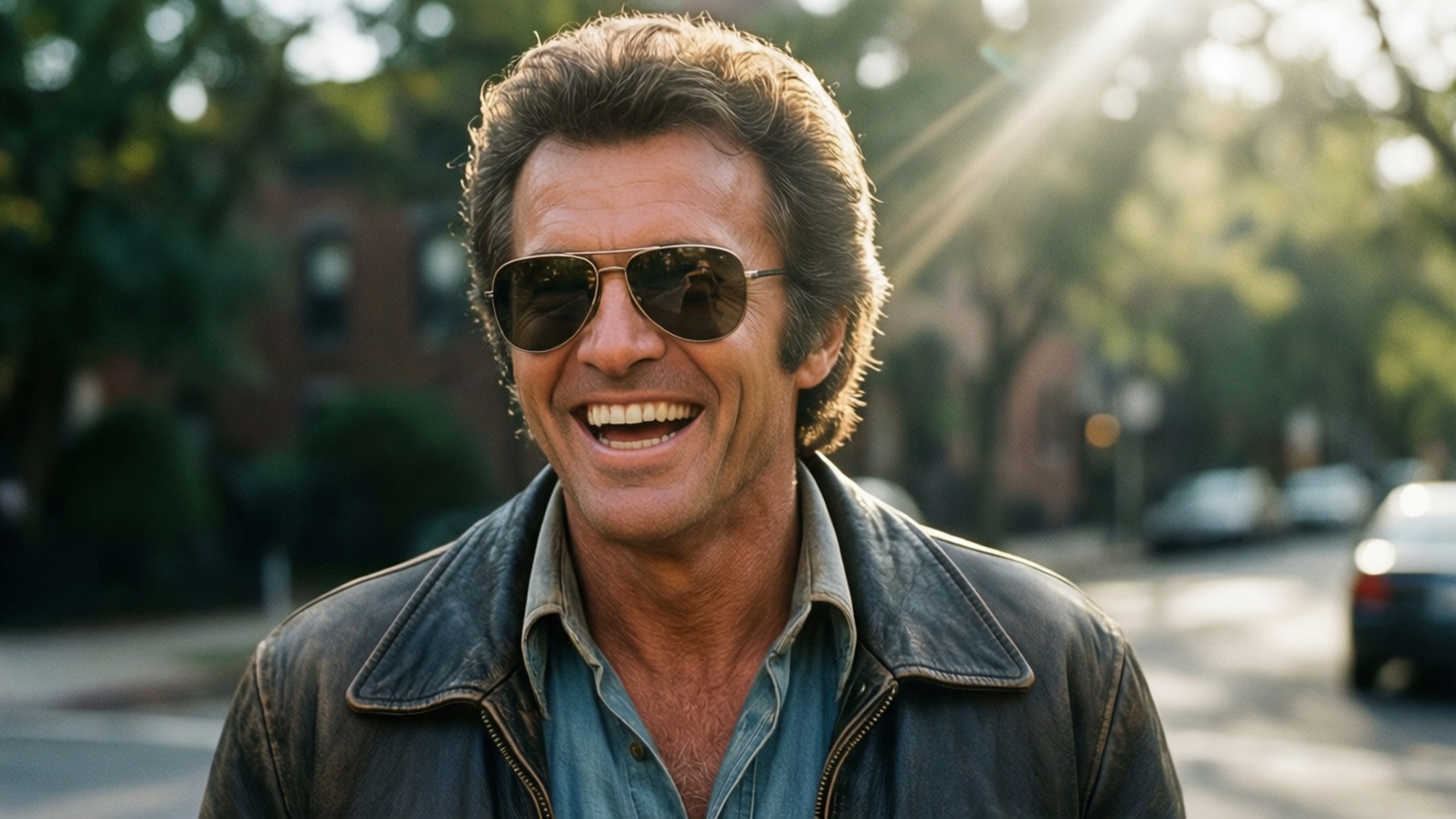 Burt Reynolds, leather jacket, outdoor shot, Full HD Desktop Wallpaper