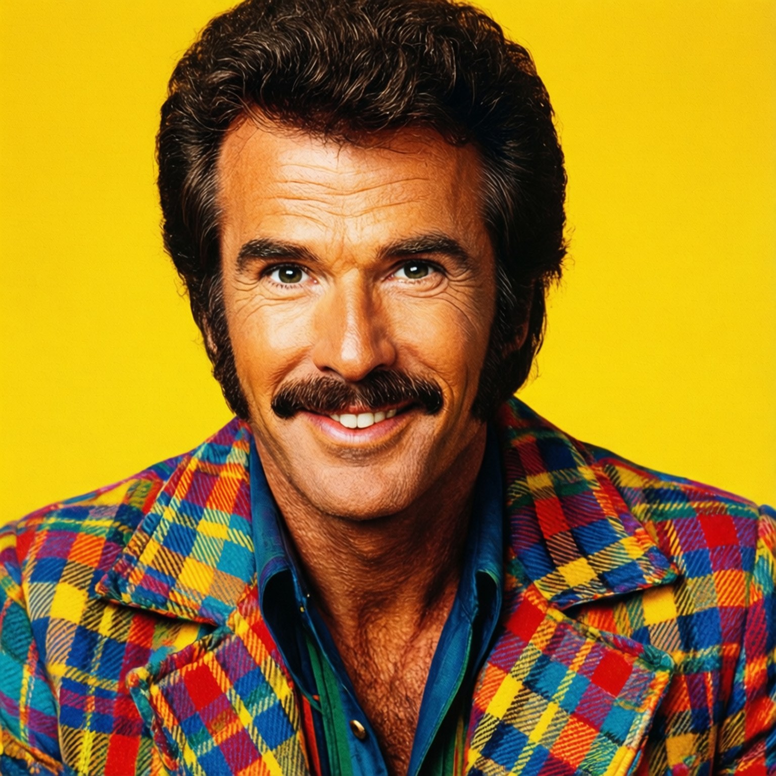 Burt Reynolds, checkered jacket, bright yellow background, HD Desktop Wallpaper