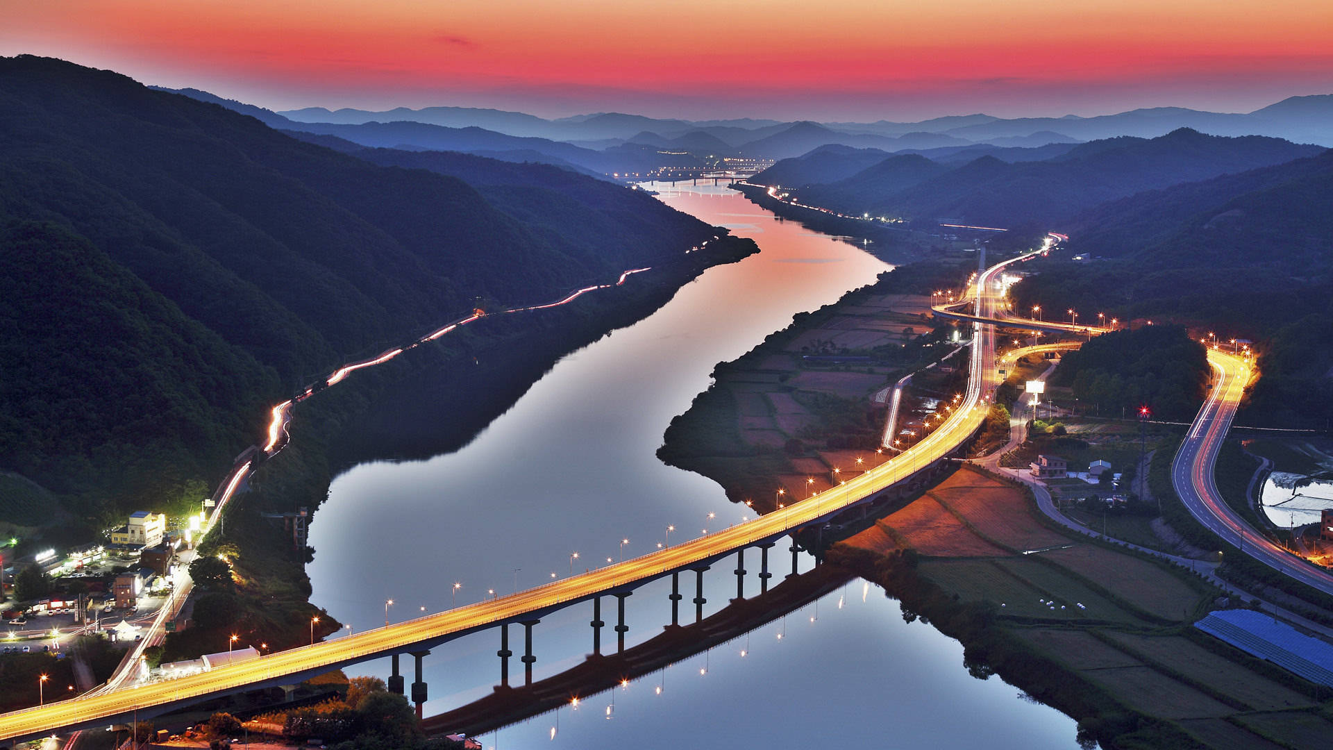 highway bridge in Busan, dusk, fiery sunset hues, Full HD Desktop Wallpaper