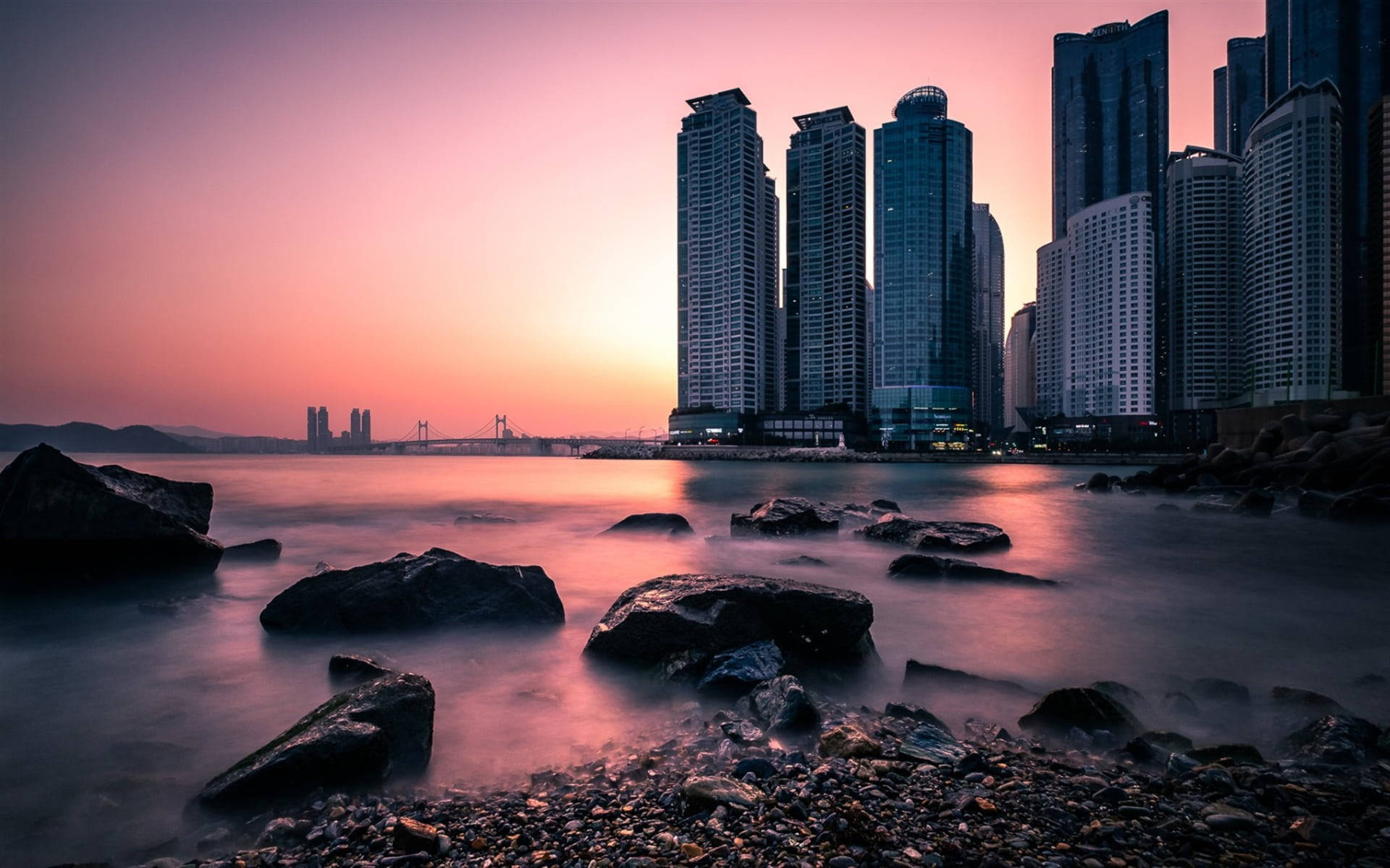 Busan, sunset, modern city skyline, Full HD Desktop Wallpaper