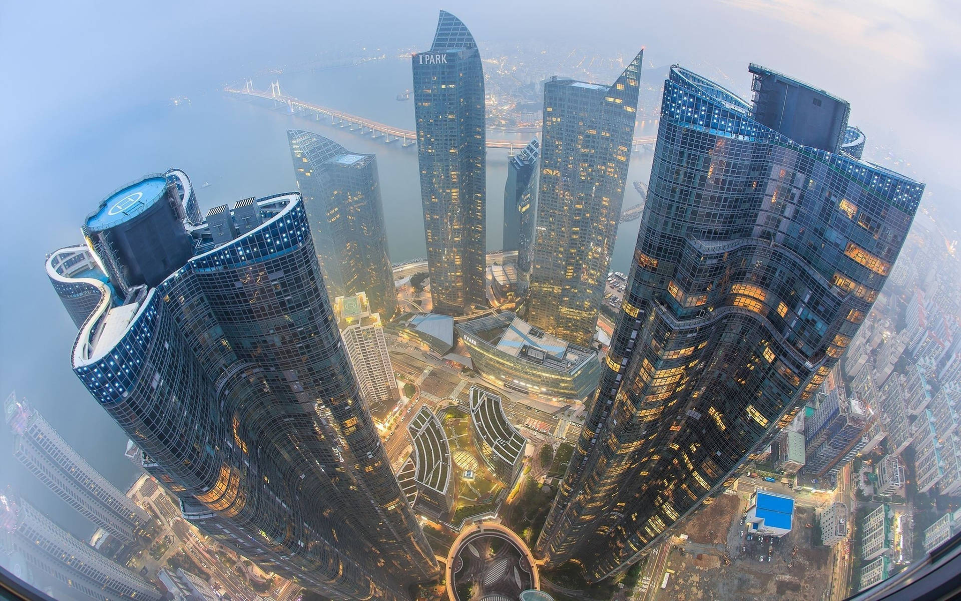 Busan, futuristic skyscrapers, glowing windows, Full HD Desktop Wallpaper