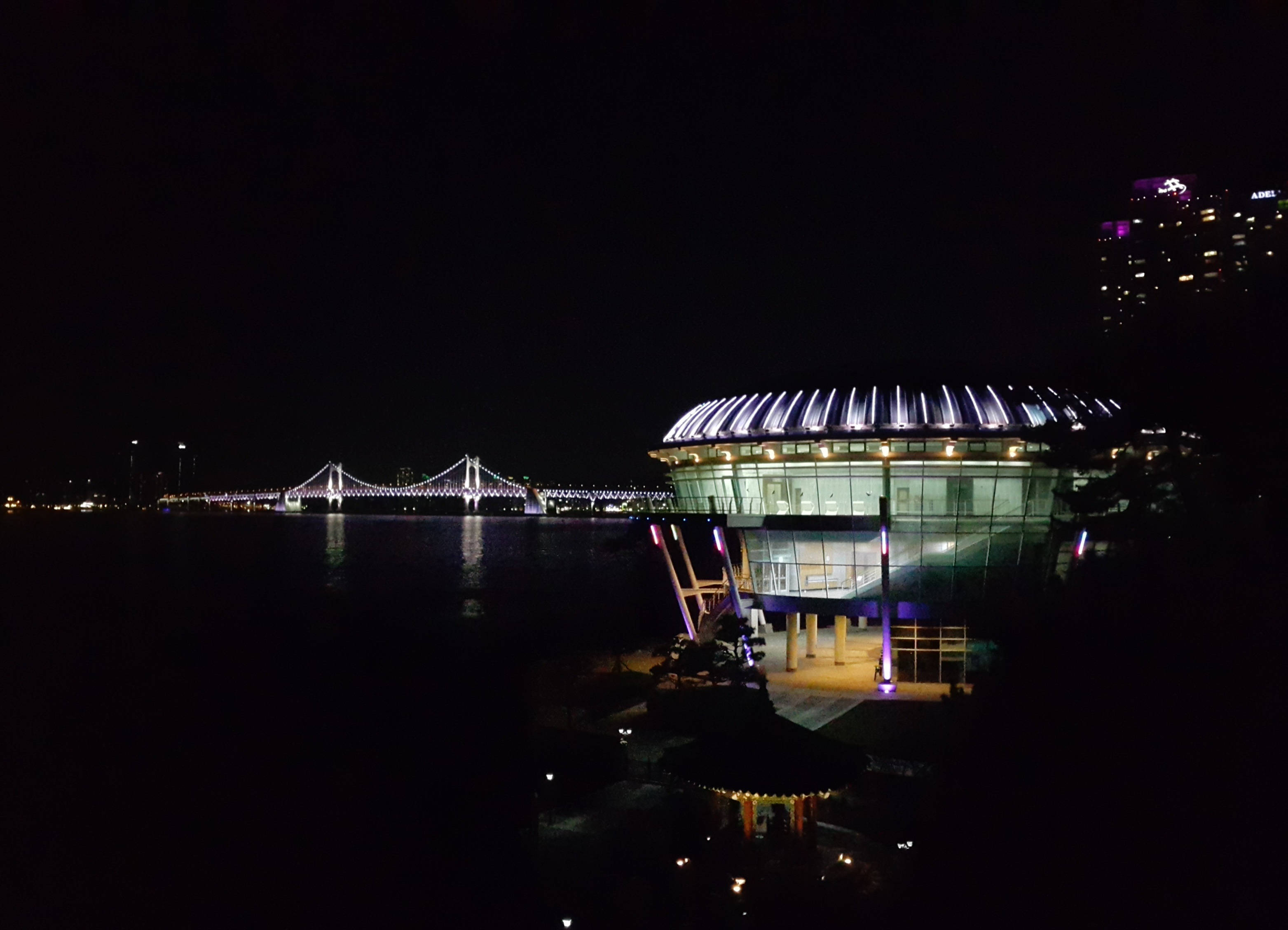 Conference Hall in Busan, glass-domed building, lit suspension bridge, 2K Desktop Wallpaper