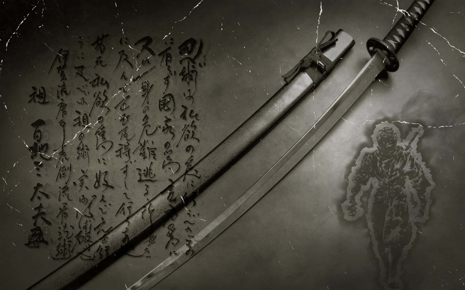 bushido, katana, cracked parchment, Full HD Desktop Wallpaper