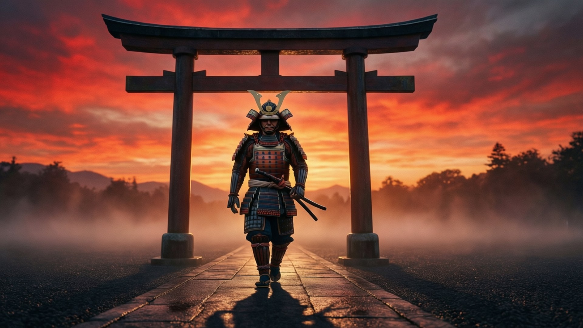 dawn torii walk, torii gate, samurai, Full HD Desktop Wallpaper