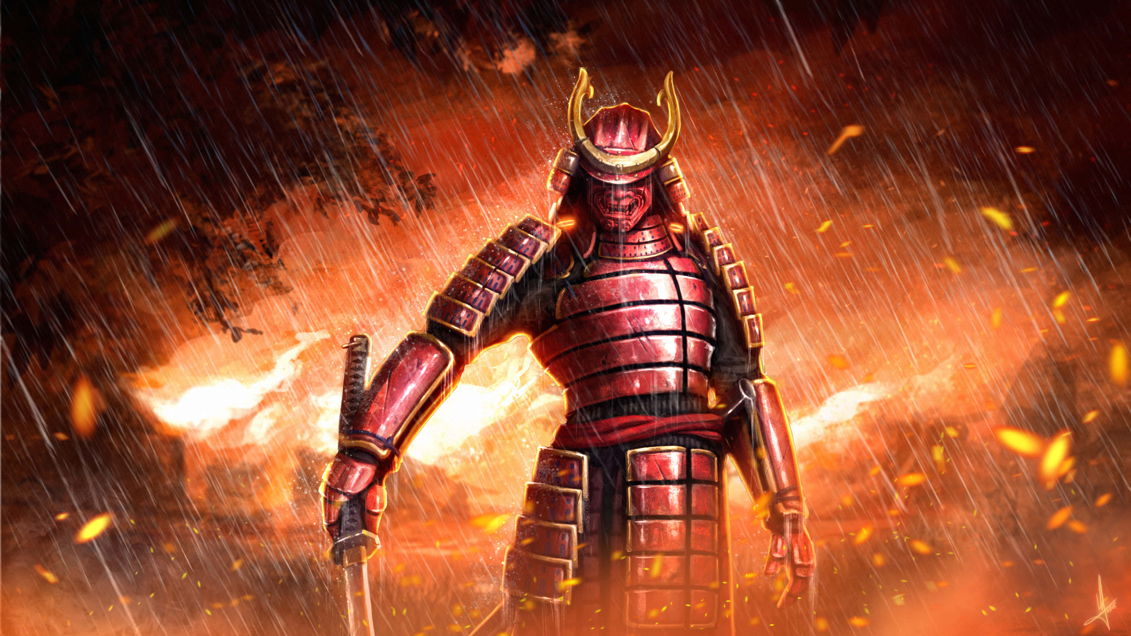 Bushido, samurai warrior, red armor, 2K Desktop Wallpaper