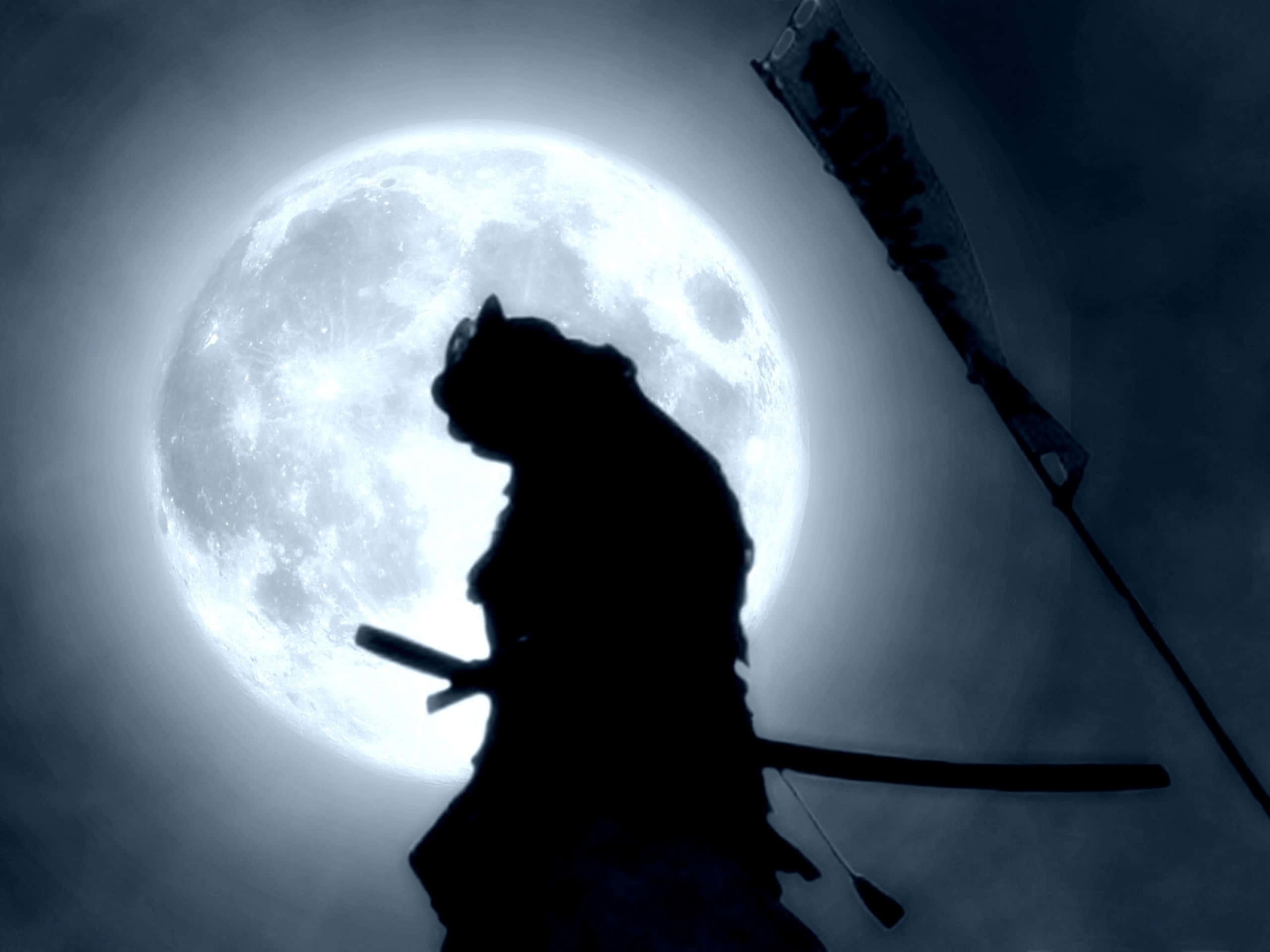 samurai warrior, katana, glowing full moon, 2K Desktop Wallpaper