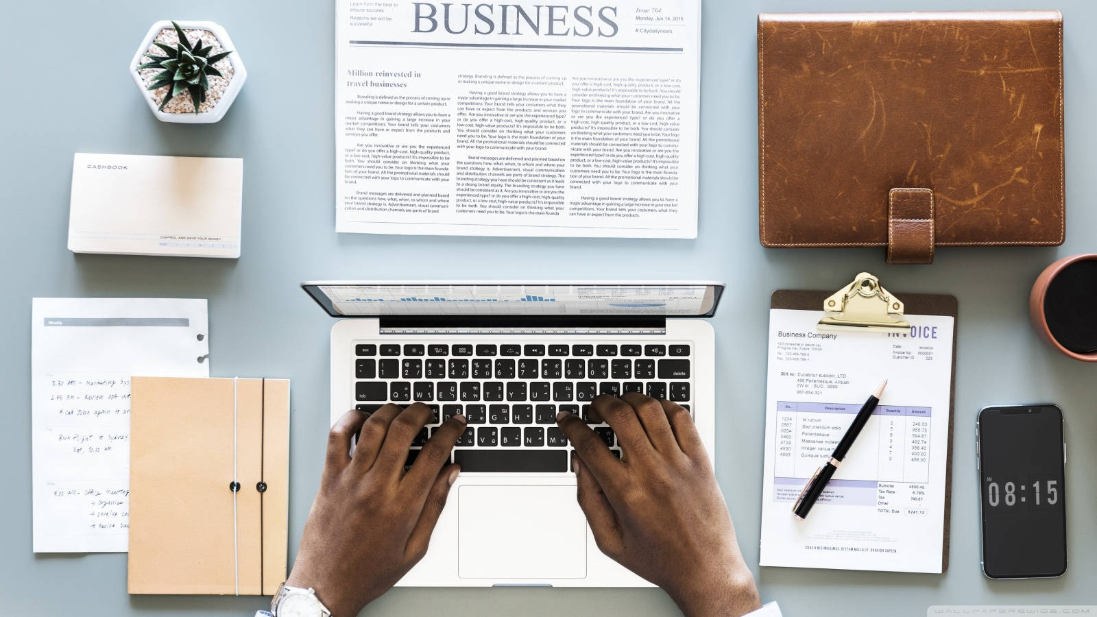 laptop, business papers, notebooks, HD Desktop Wallpaper