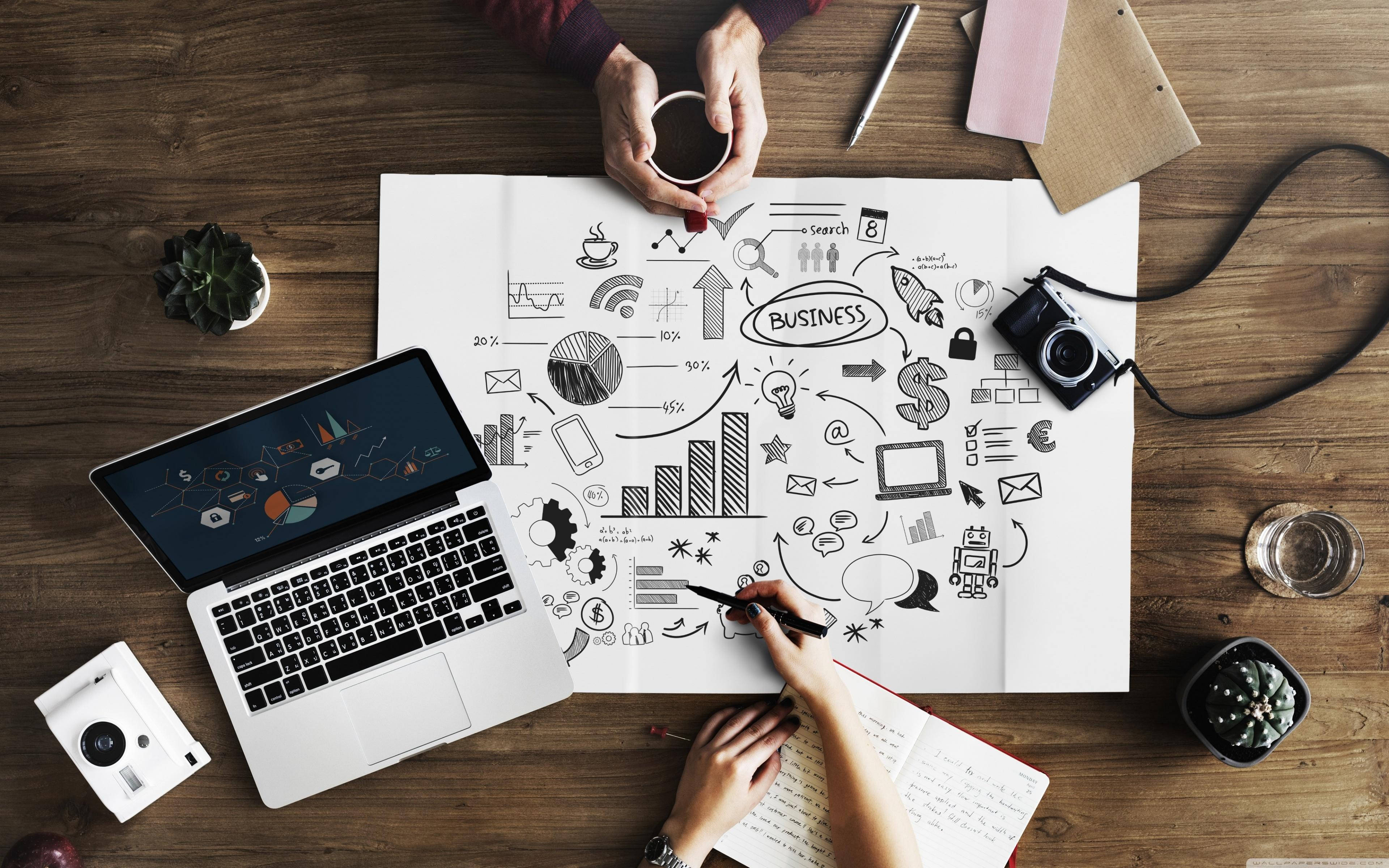business work plan, hands sketching business concepts, laptop cameras, 4K Desktop Wallpaper