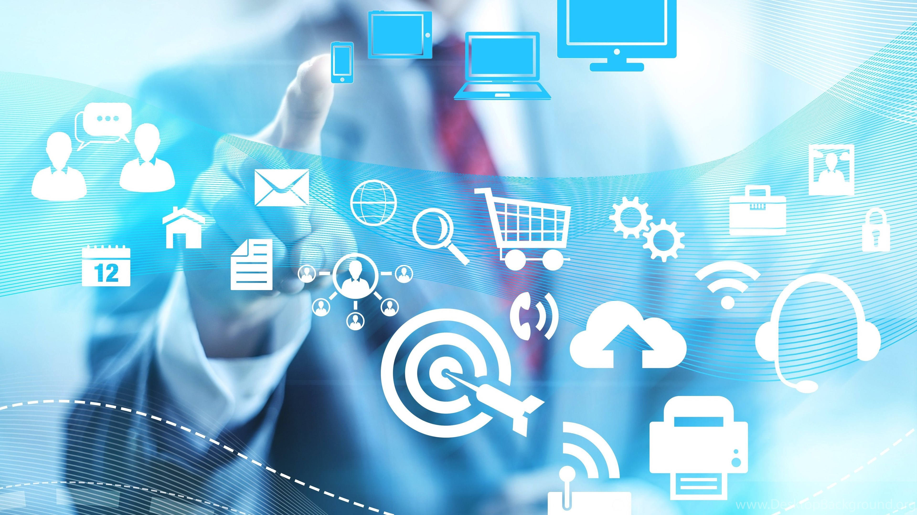 business digital strategy, glowing blue digital icons, futuristic interface, 4K Desktop Wallpaper
