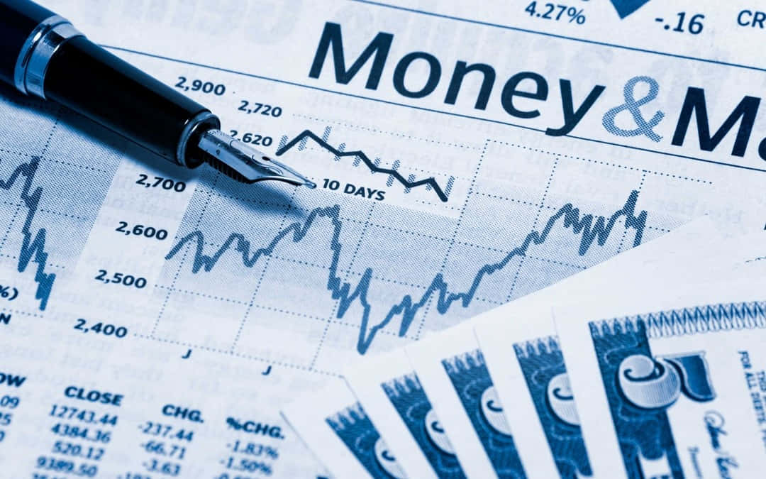 black fountain pen, blue-toned financial chart, stock market fluctuations, SD Desktop Wallpaper