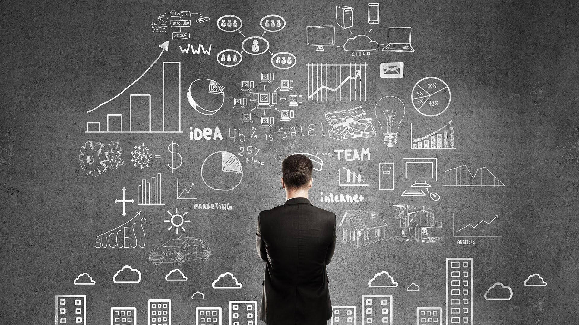 chalkboard wall, white business diagrams, icons representing strategy innovation and growth, Full HD Desktop Wallpaper