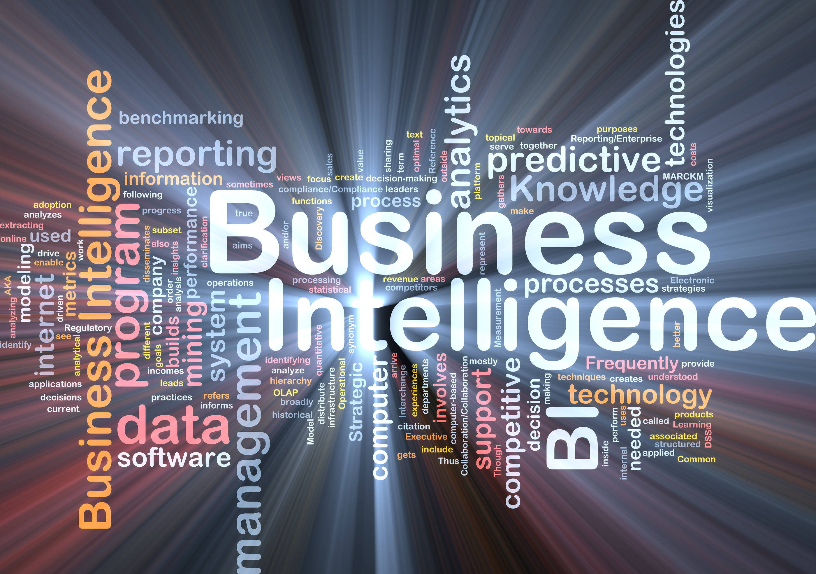 Business Intelligence, word cloud, vibrant colors, 2K Desktop Wallpaper