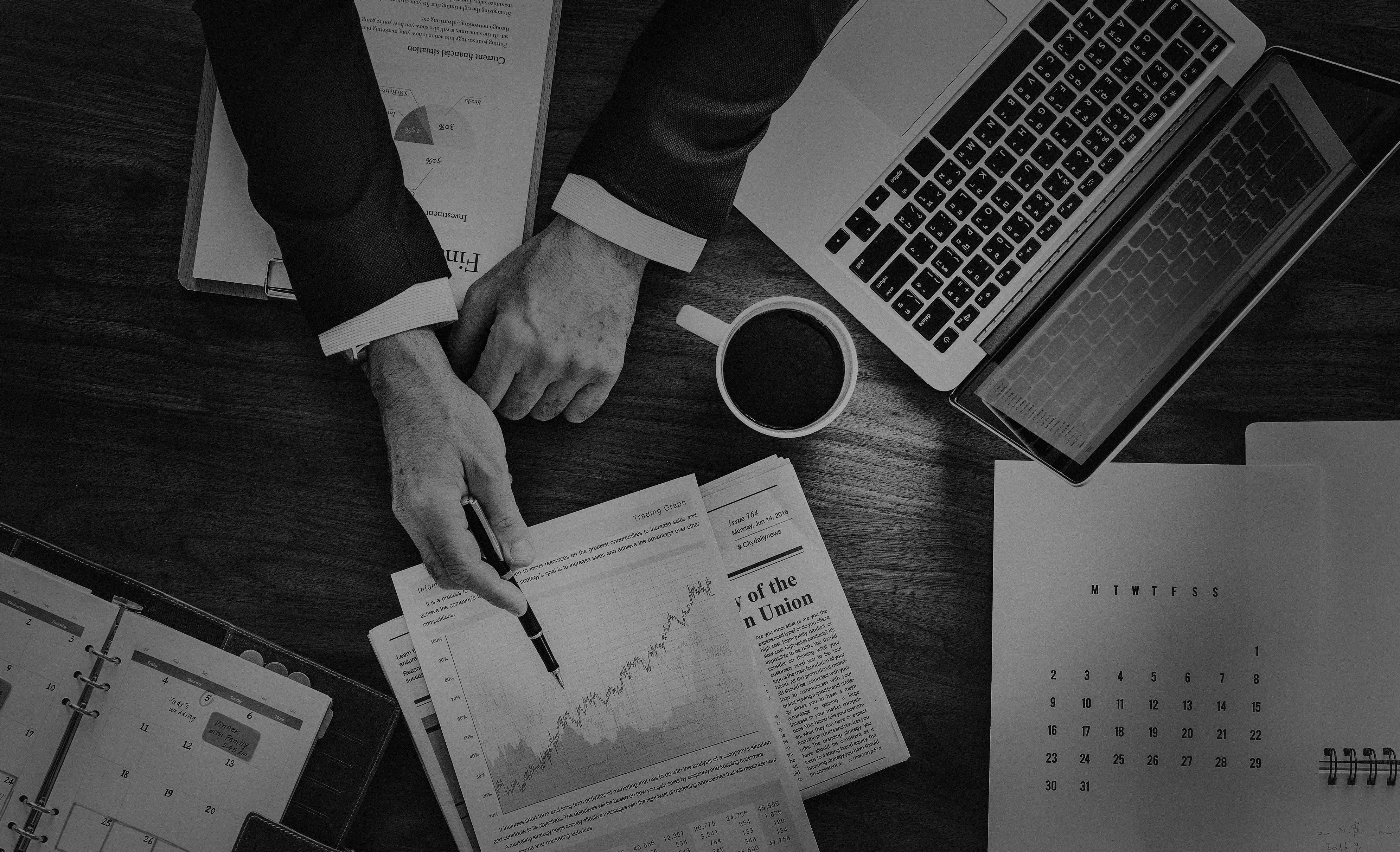black and white, businessman, financial charts and graphs, 4K Desktop Wallpaper