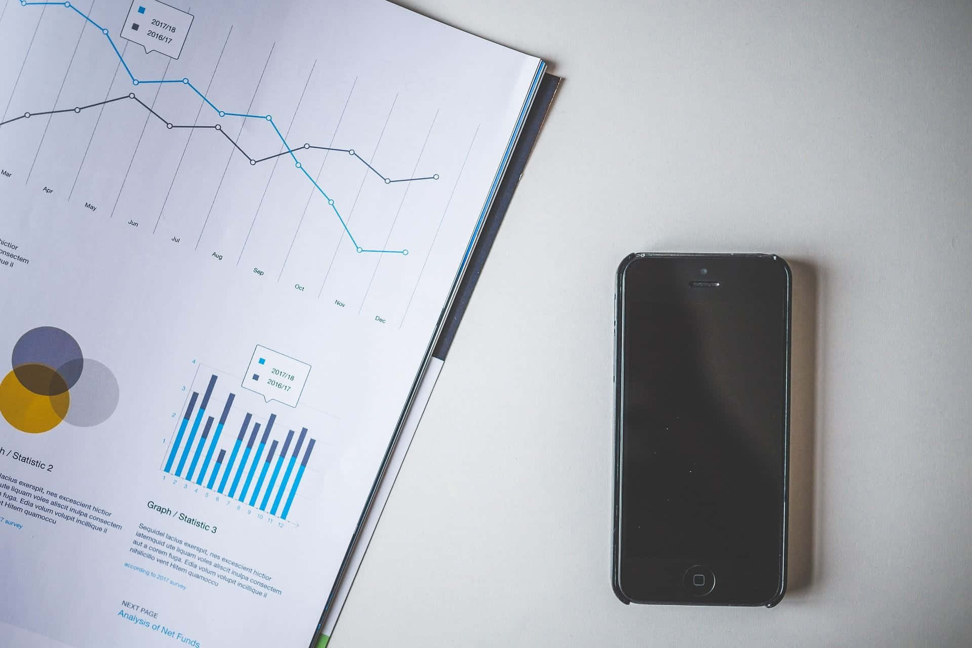 black smartphone, open report, blue line bar charts, Full HD Desktop Wallpaper