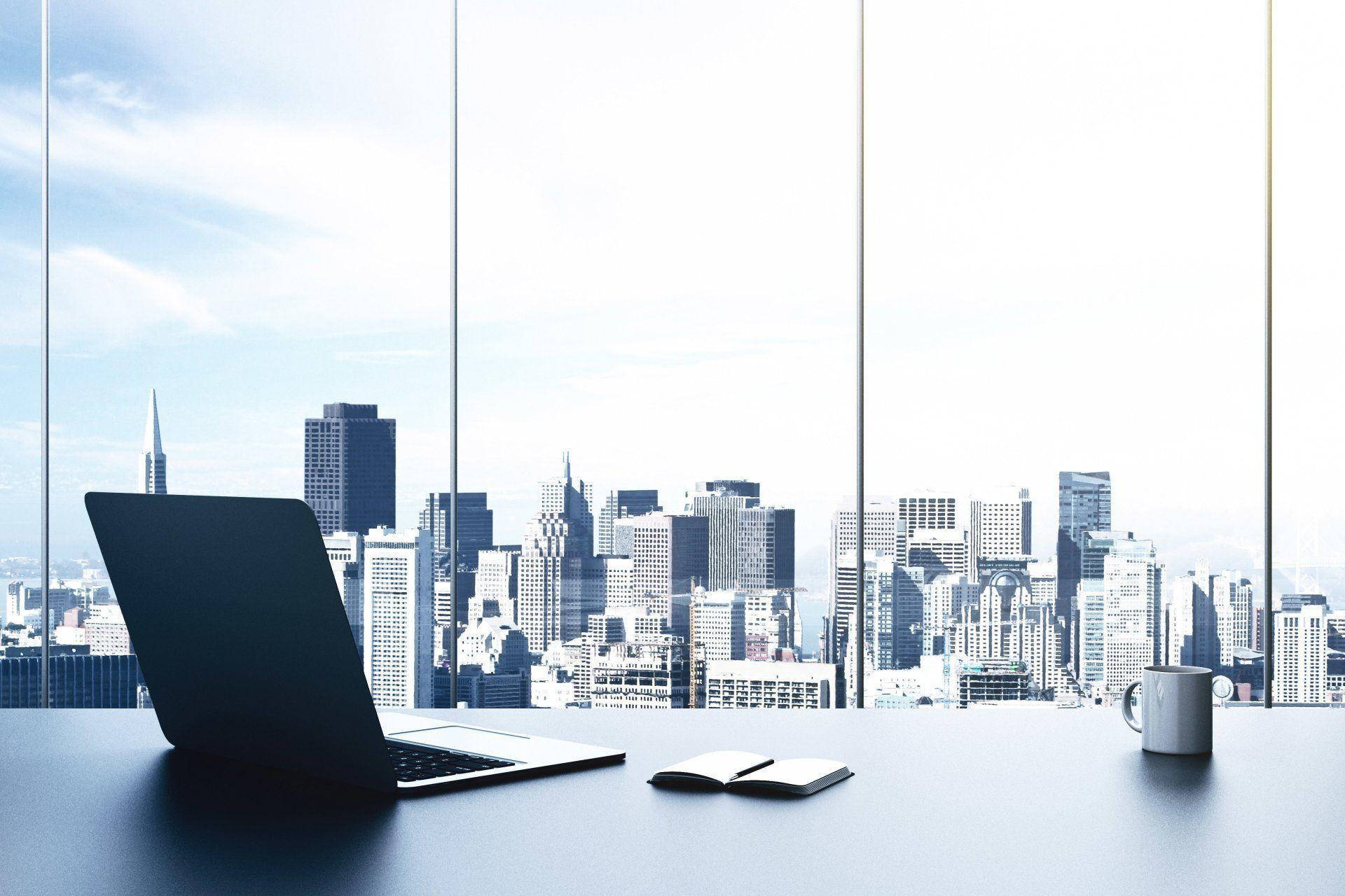 laptop, coffee mug, modern desk, Full HD Desktop Wallpaper