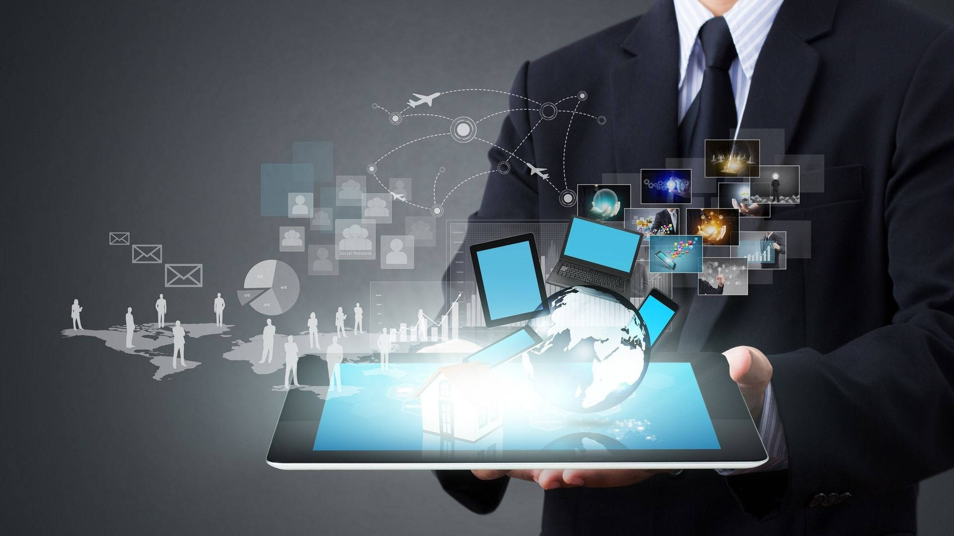 digital marketing, tablet, glowing globe, Full HD Desktop Wallpaper