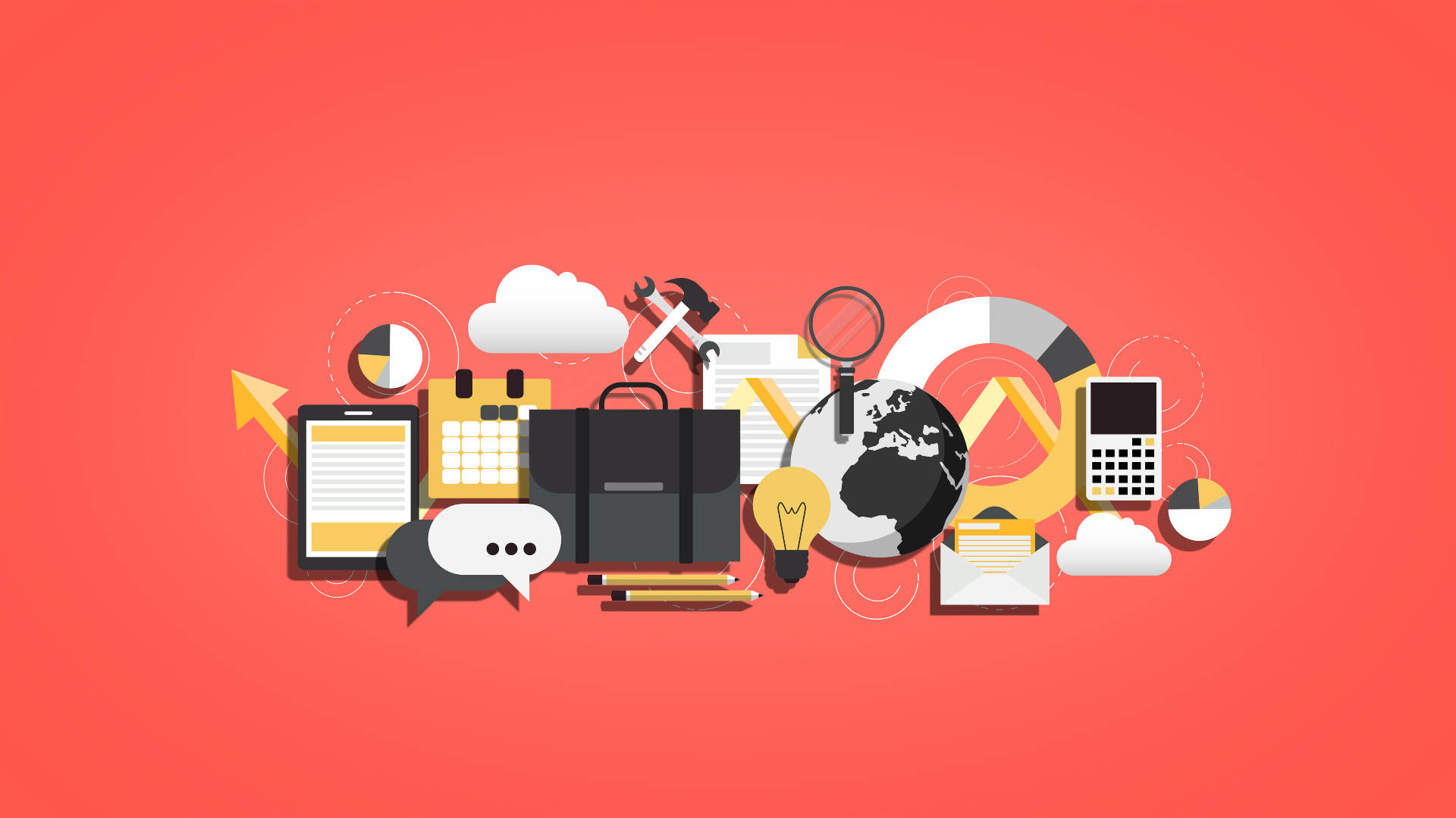 yellow orange poster design, flat design illustration, business tools and icons, Full HD Desktop Wallpaper