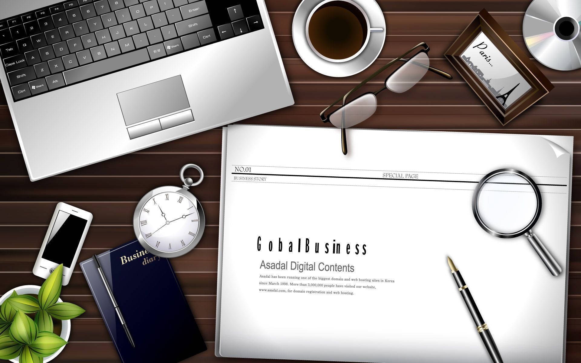 wooden desk, laptop, coffee, Full HD Desktop Wallpaper