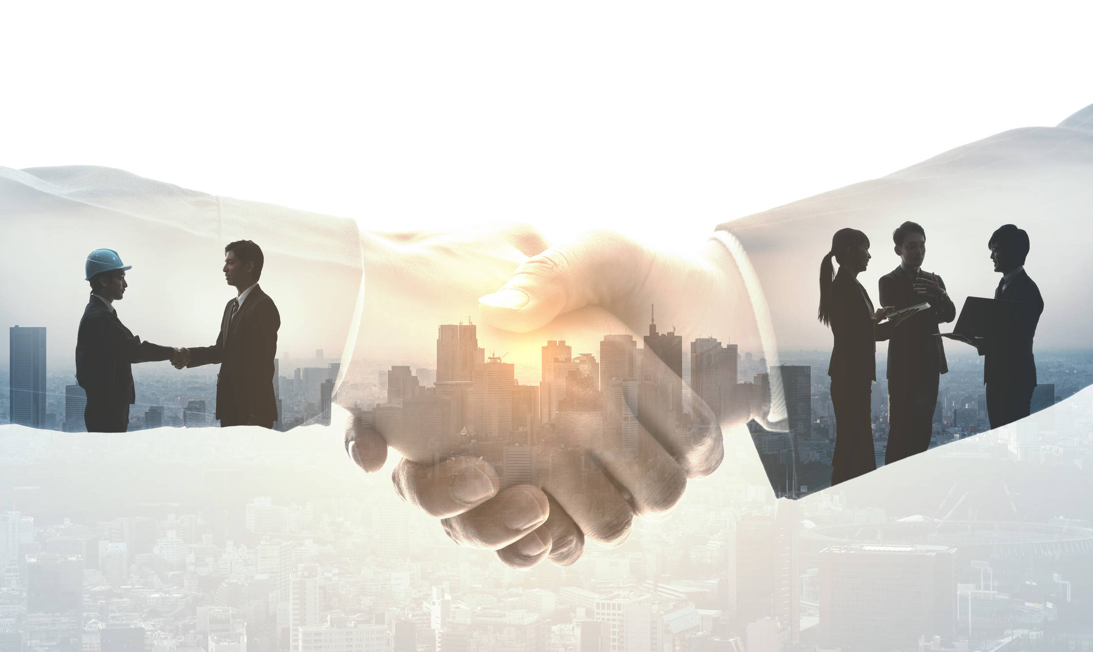 Business Partnership, cityscape, silhouetted businesspeople, Full HD Desktop Wallpaper