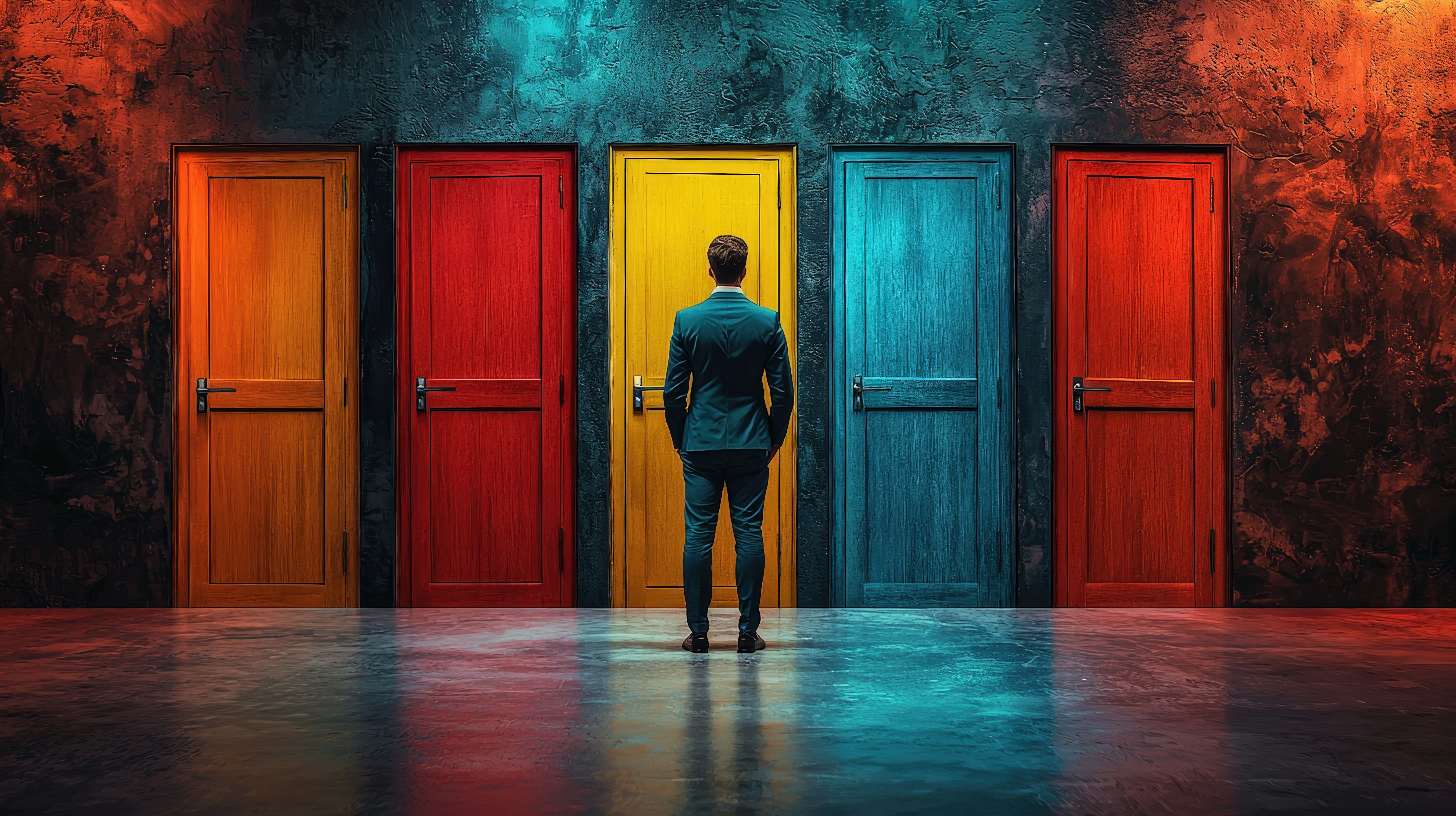 businessman, five brightly colored doors, dimly lit room, 8K Desktop Wallpaper