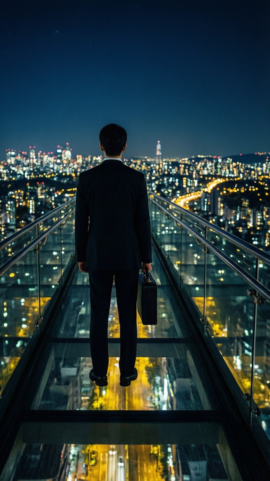 black suit, glass skywalk, briefcase, Full HD Phone Wallpaper